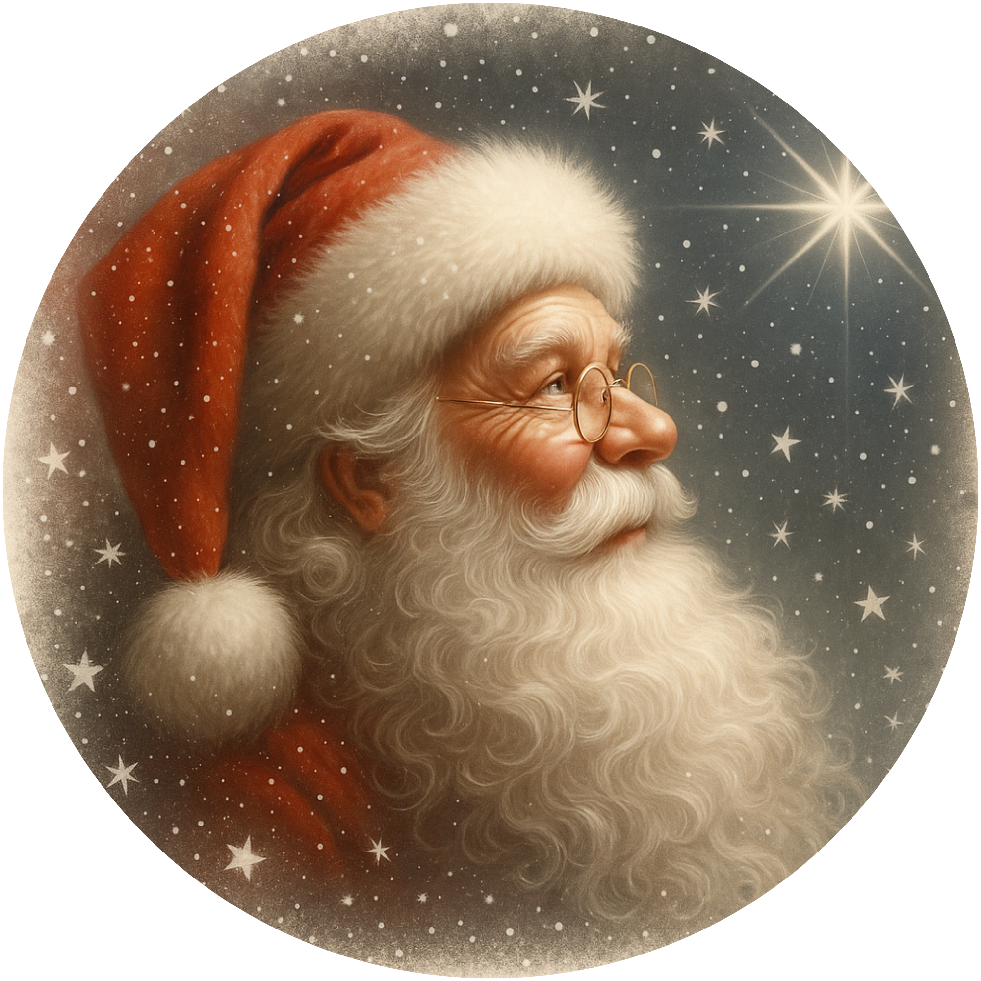 Santa Claus Gazing at the North Star Design with Snowy Night Sky and Soft Vintage Christmas Glow