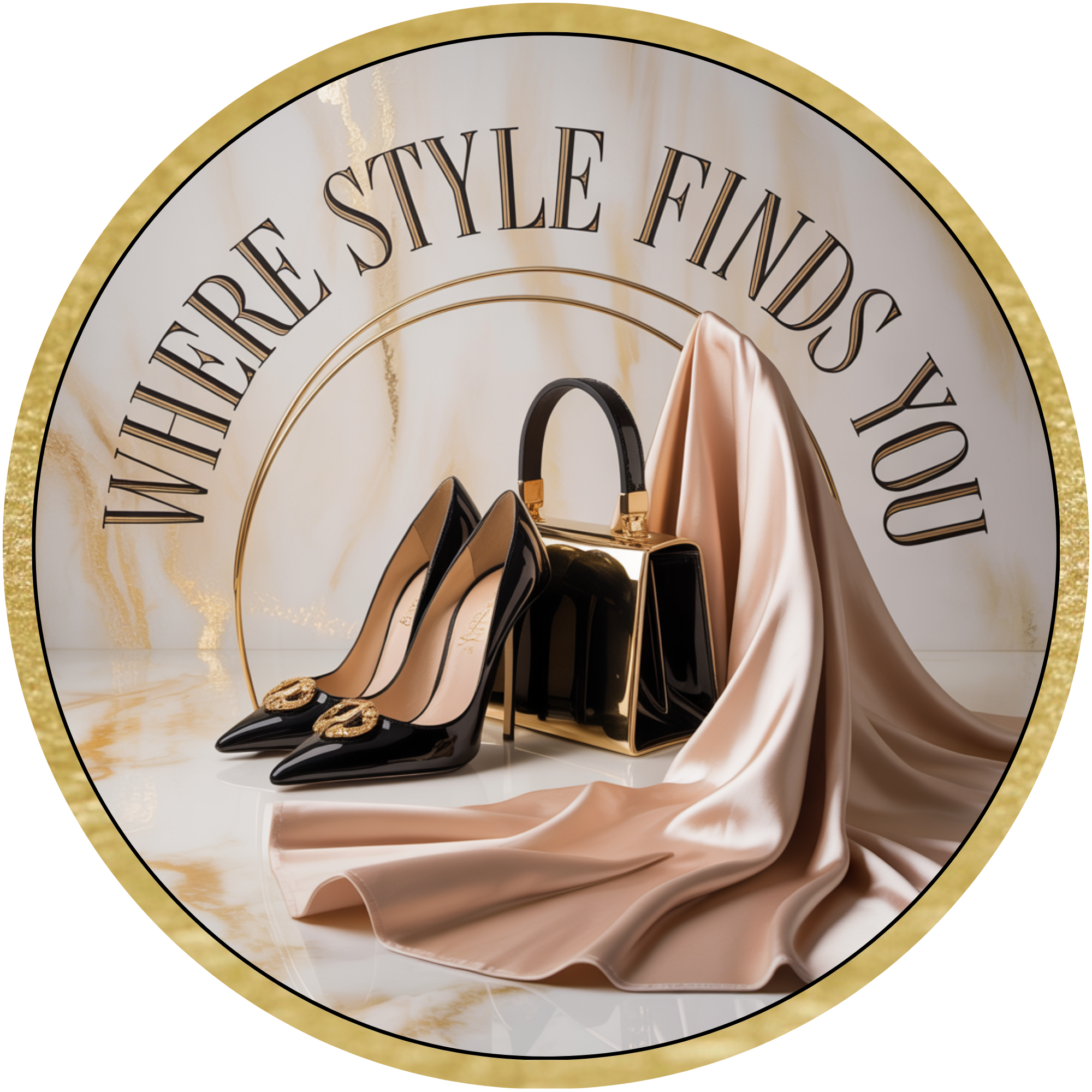 Where Style Finds You Boutique Sign, Luxury Fashion Accessories Art, Elegant Shoes Handbag and Silk Display Decor