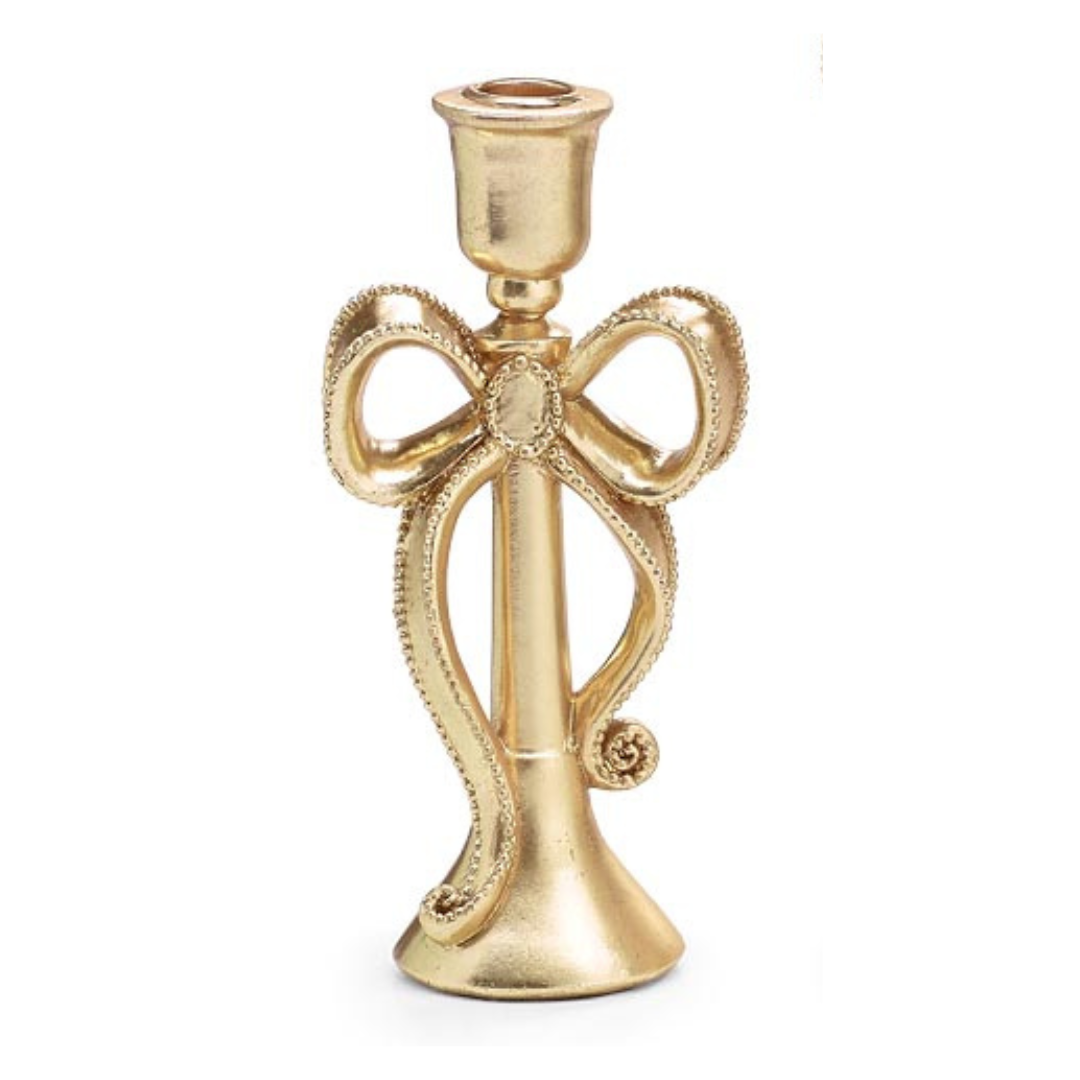Gold Bow Taper Candle Holder Small, 8.5 Inch Elegant Candle Stick, Vintage Glam Decor, Gold Farmhouse Accent