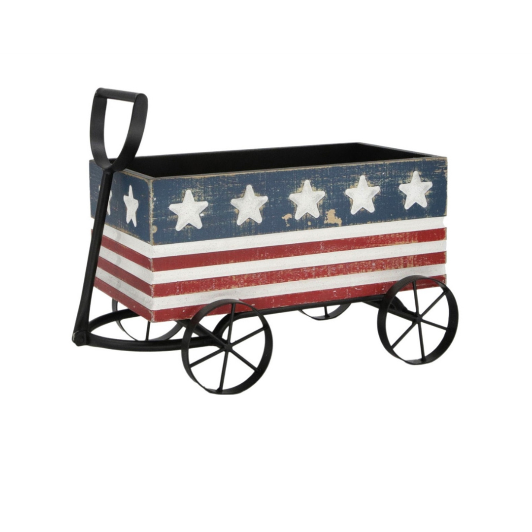 Small Patriotic Decorative Wagon Planter, Americana Red White Blue Metal Wood Cart, Farmhouse 4th of July Décor