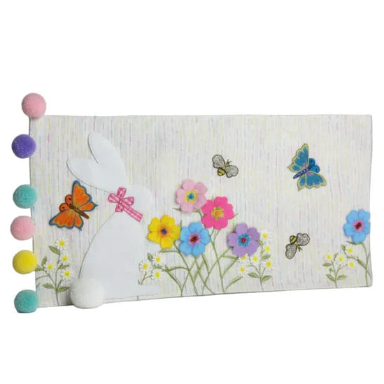 Spring Appliqued Flower Meadow with Butterflies and Colored Pom Poms Runner