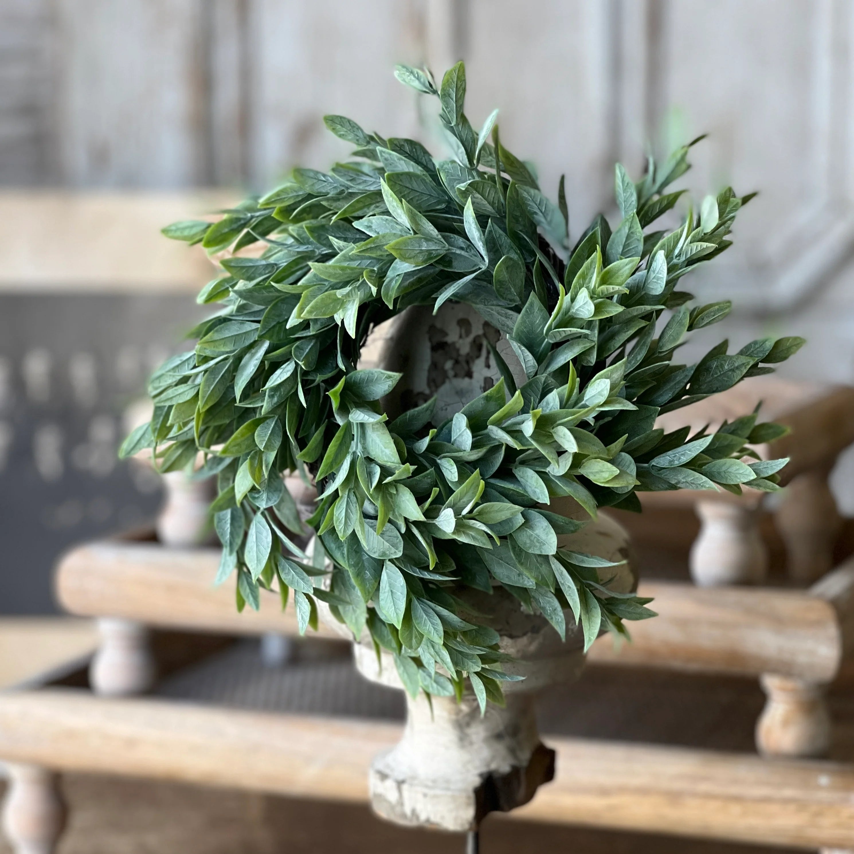 Rainwashed Greenery Candle Ring, Farmhouse Faux Leaf Wreath Accent, Neutral Everyday Home Decor Styling Piece