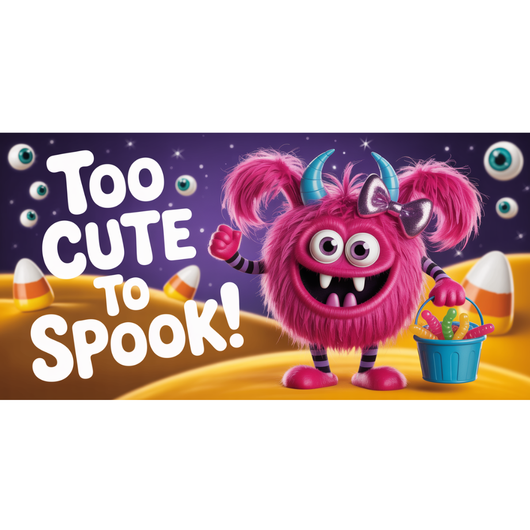 Too Cute To Spook Halloween Sign, Pink Furry Monster Halloween Decor