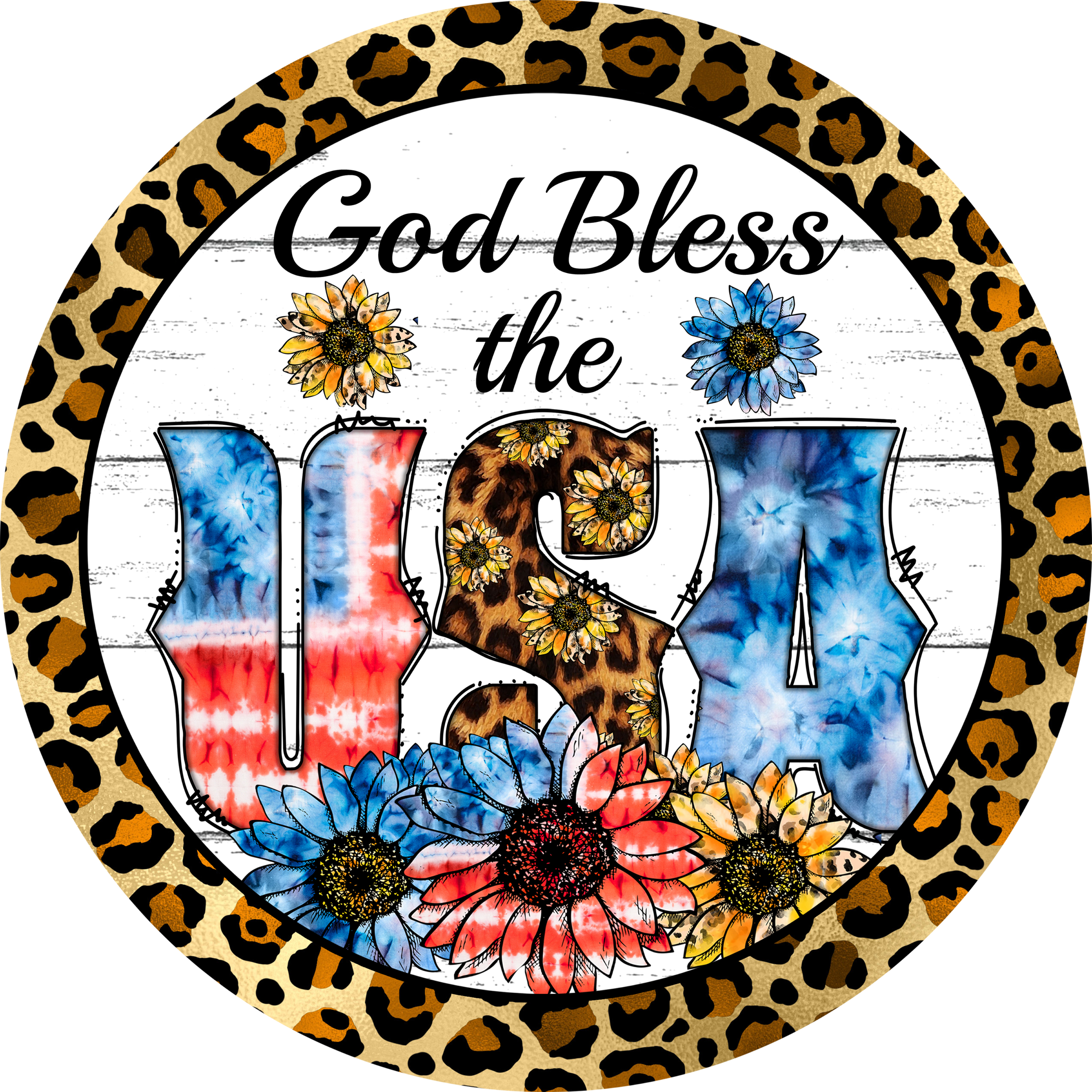 God Bless the USA Leopard Print Metal Sign, Patriotic Wreath Attachment, Red White Blue Sunflower Wreath Sign for Crafters
