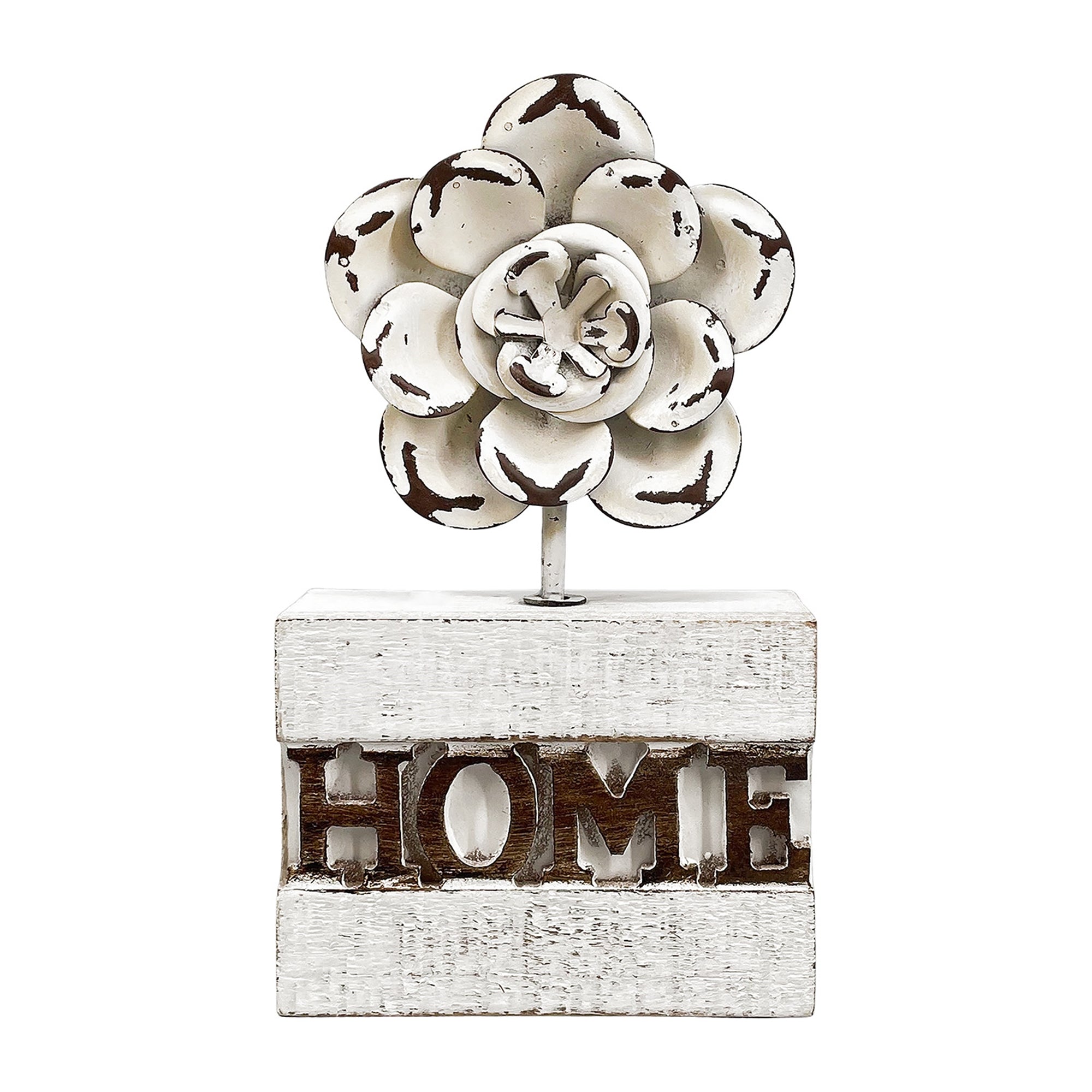 Rustic Home Wood Block Sign with Metal Flower Accent, Farmhouse Shelf Decor, 7 Inch Freestanding Home Décor