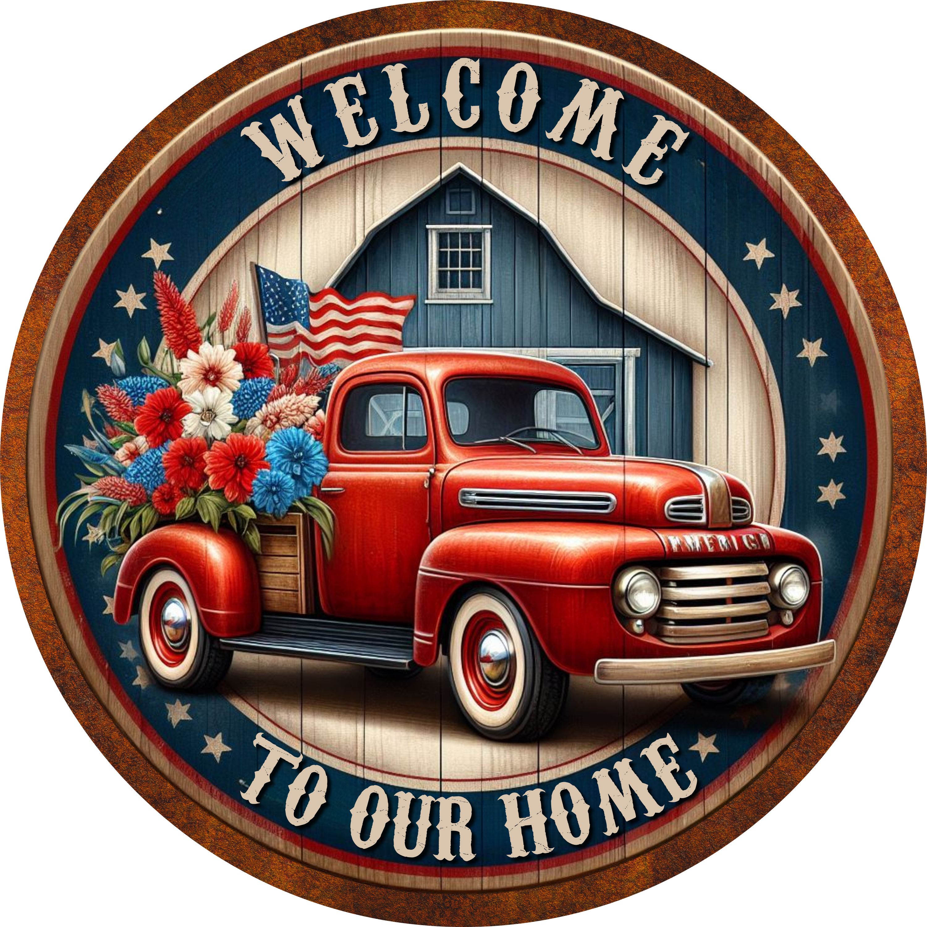 Welcome to Our Home Patriotic Truck Metal Sign, Fourth of July Wreath Sign, Red White Blue Farmhouse Door Decor