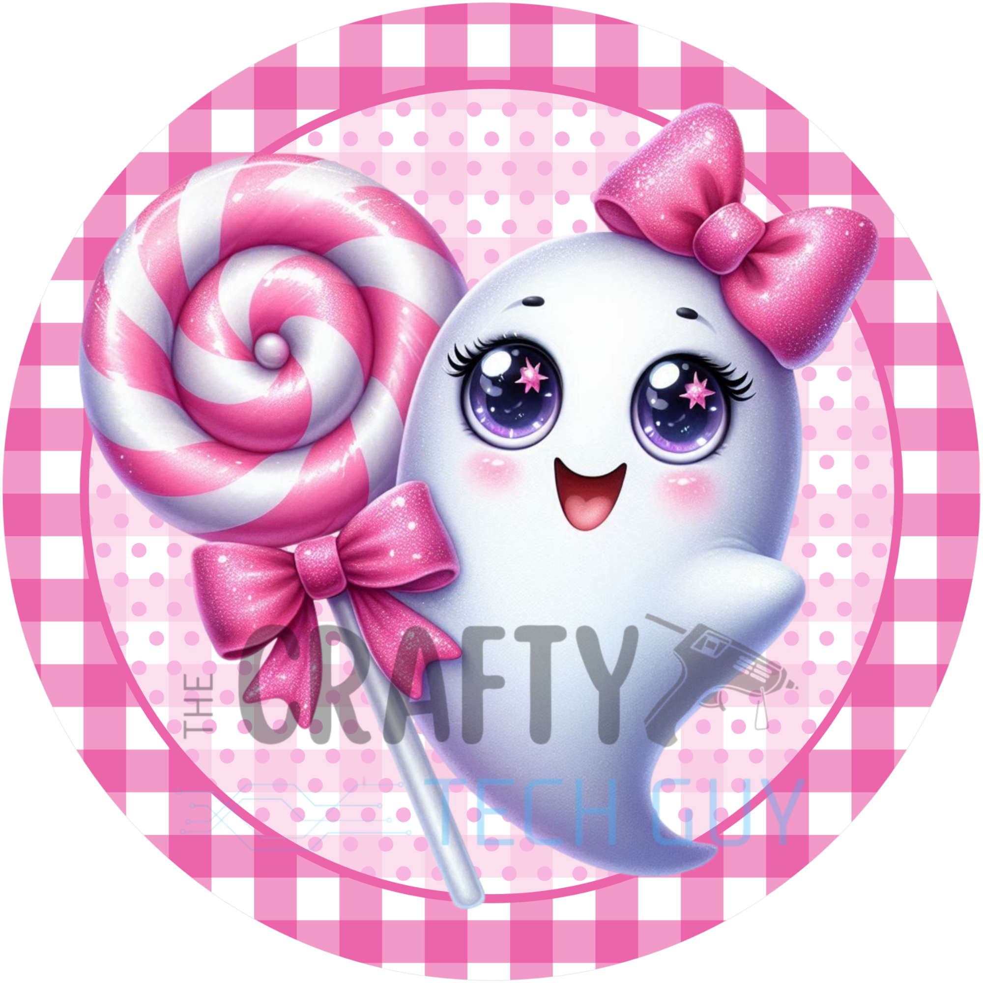 Pink Gingham Ghost Sign with Lollipop and Bows – Cute Halloween Wall Decoration