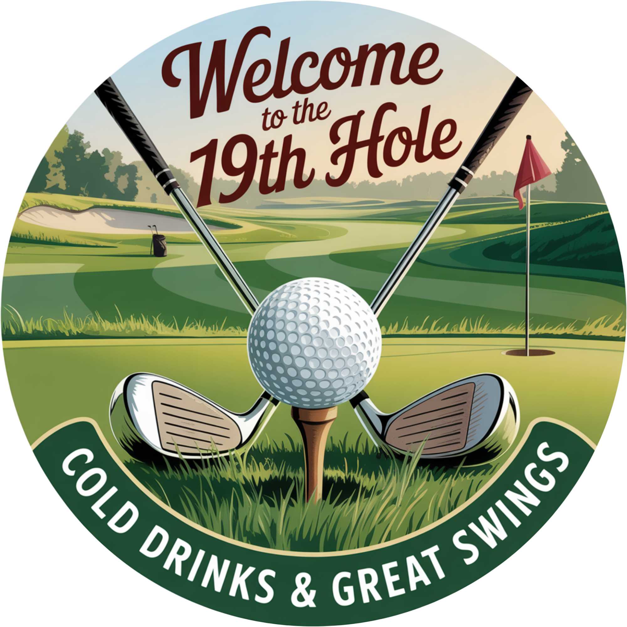 Letrero de bienvenida al hoyo 19 de golf: bebidas frías y un swing espectacular. Corona o decoración de bar.