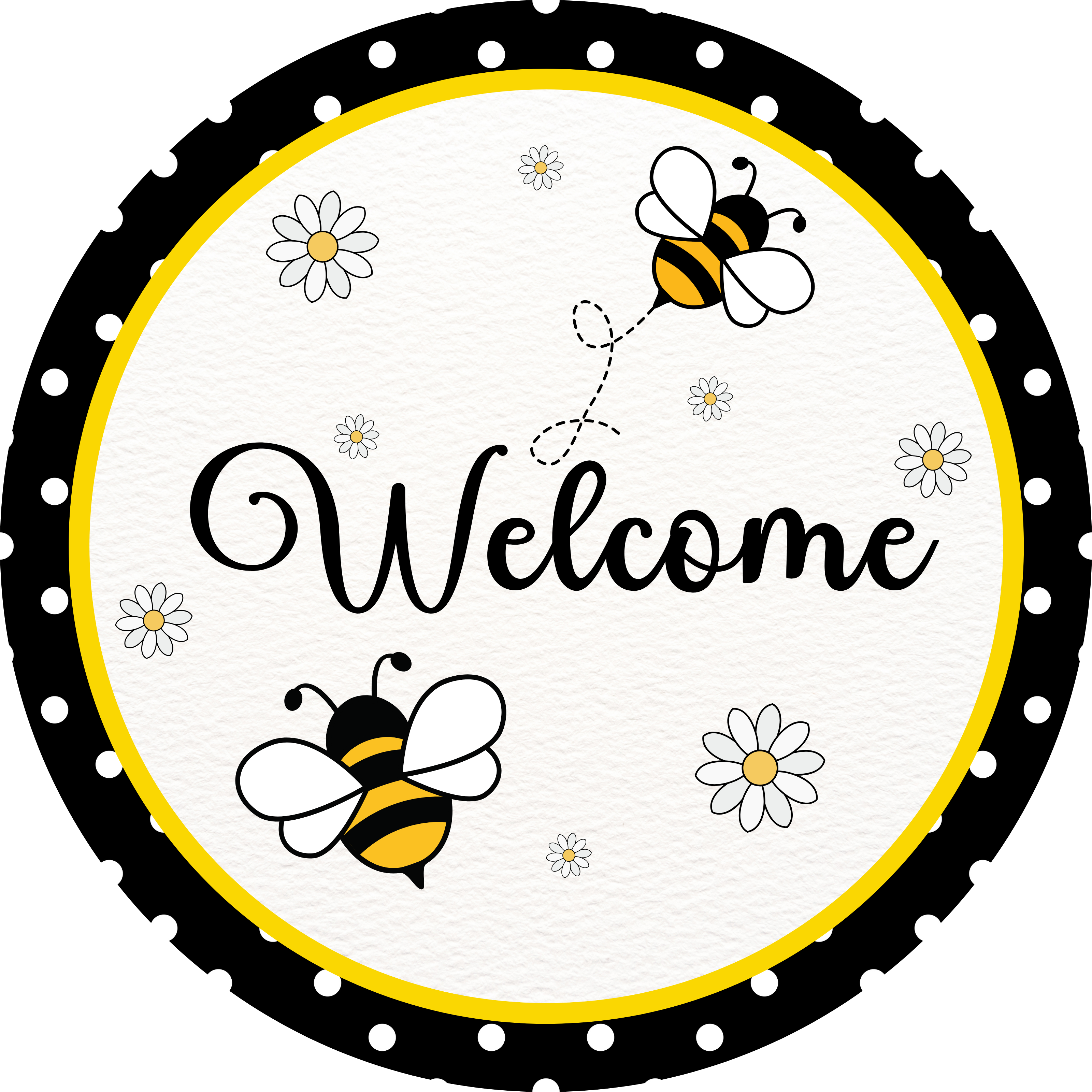 Letrero metálico "Bienvenidos Abeja y Margarita": Corona redonda sublimada, adorable decoración primaveral de lunares para puerta, letrero de bienvenida rústico
