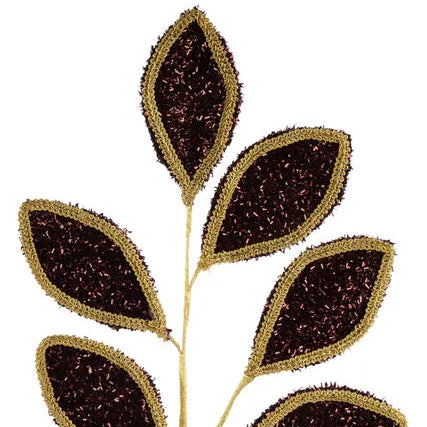 28 Inch Chocolate Burgundy Glitter Leaf Spray with Gold Beaded Trim and 6 Leaves