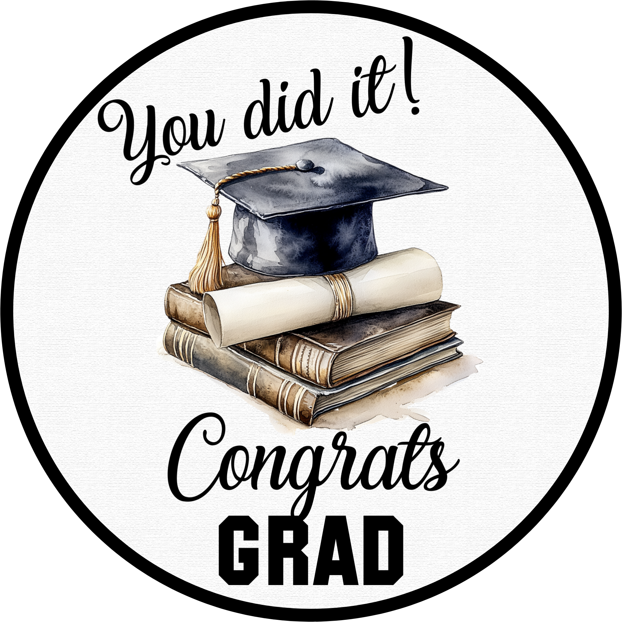 Letrero "Lo lograste", felicitaciones, graduado: decoración redonda de metal sublimado para graduación con libros, diploma y birrete, ideal como adorno para corona o como adorno para regalo.