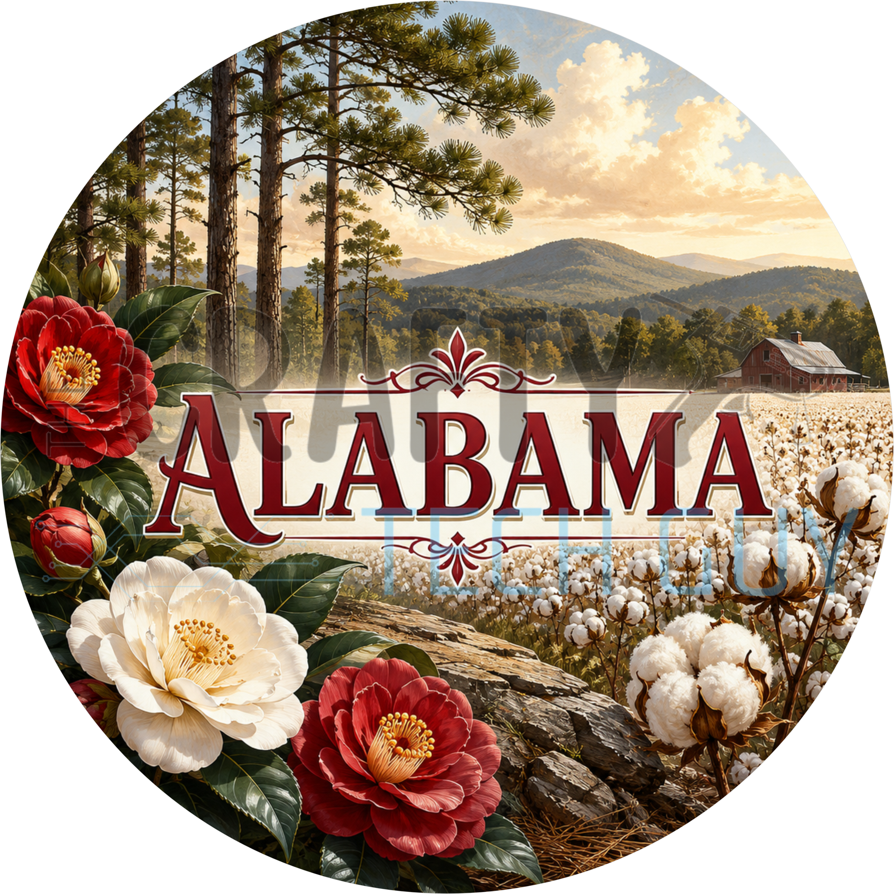 Alabama round wreath sign in coated aluminum, showing pink camellia blooms, an open cotton field and a weathered red barn