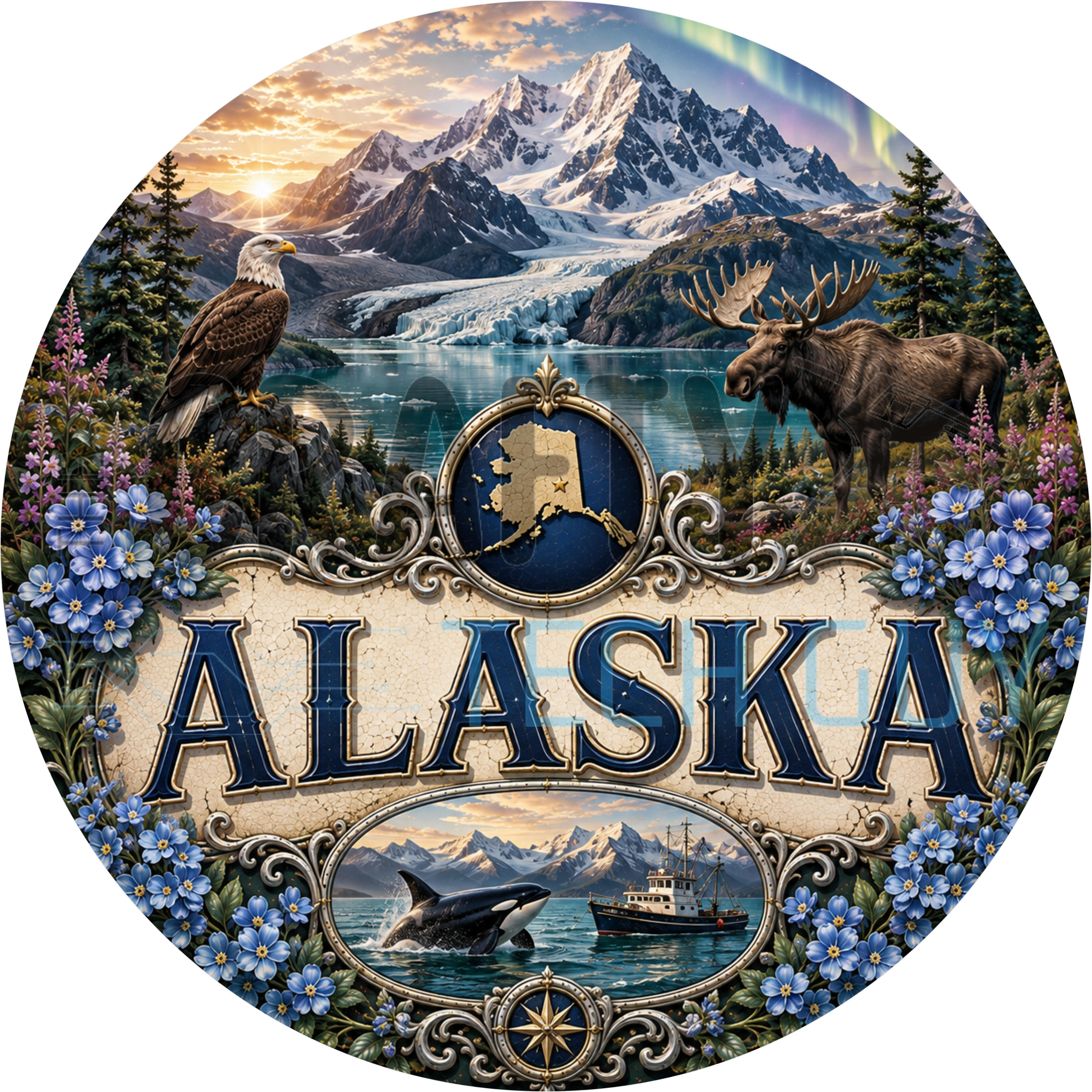 Alaska round wreath sign in coated aluminum, showing a bull moose, bald eagle, glacier bay, breaching orca and northern lights