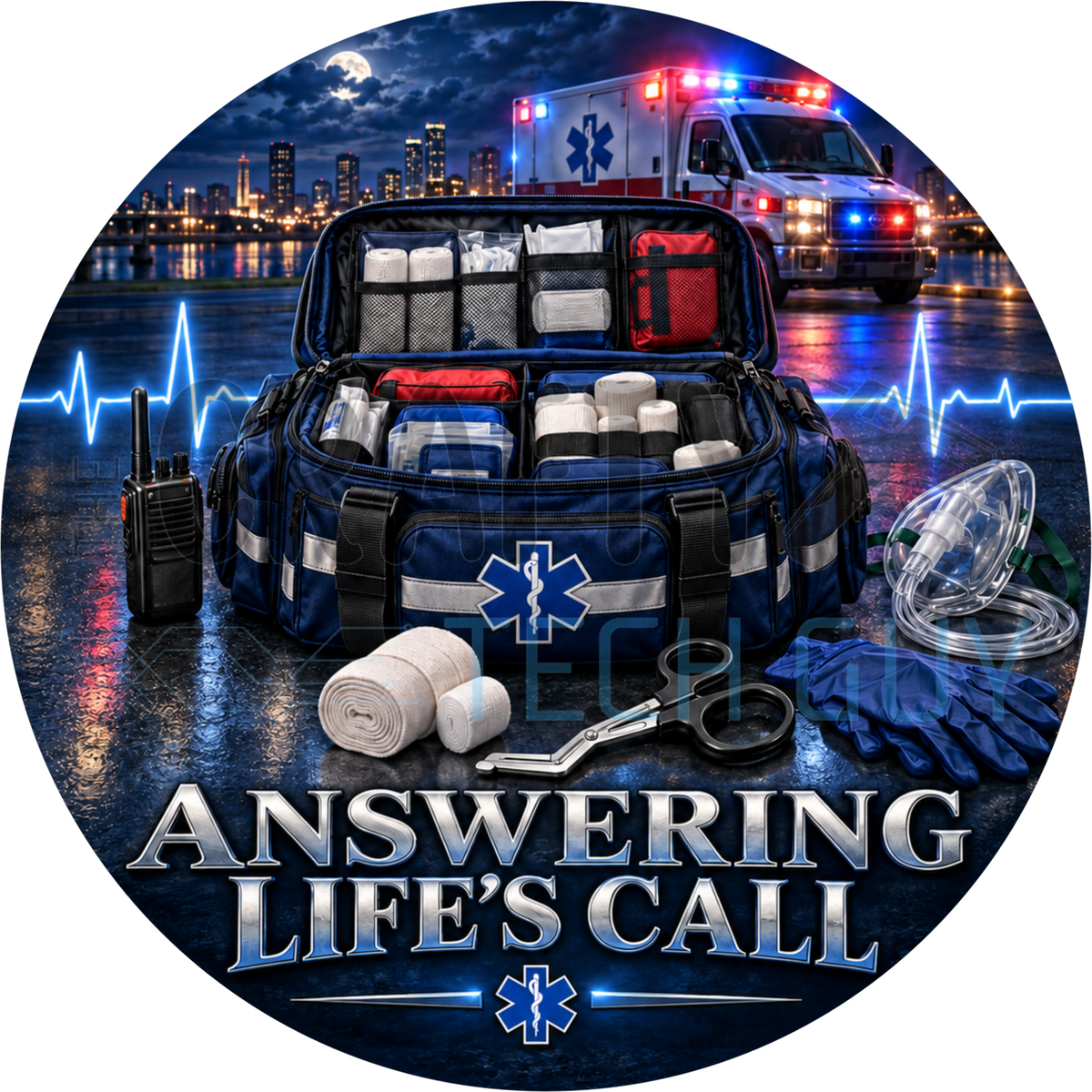 Answering Life's Call round wreath sign with an open EMS trauma bag, ambulance with lights, EKG line and night city skyline
