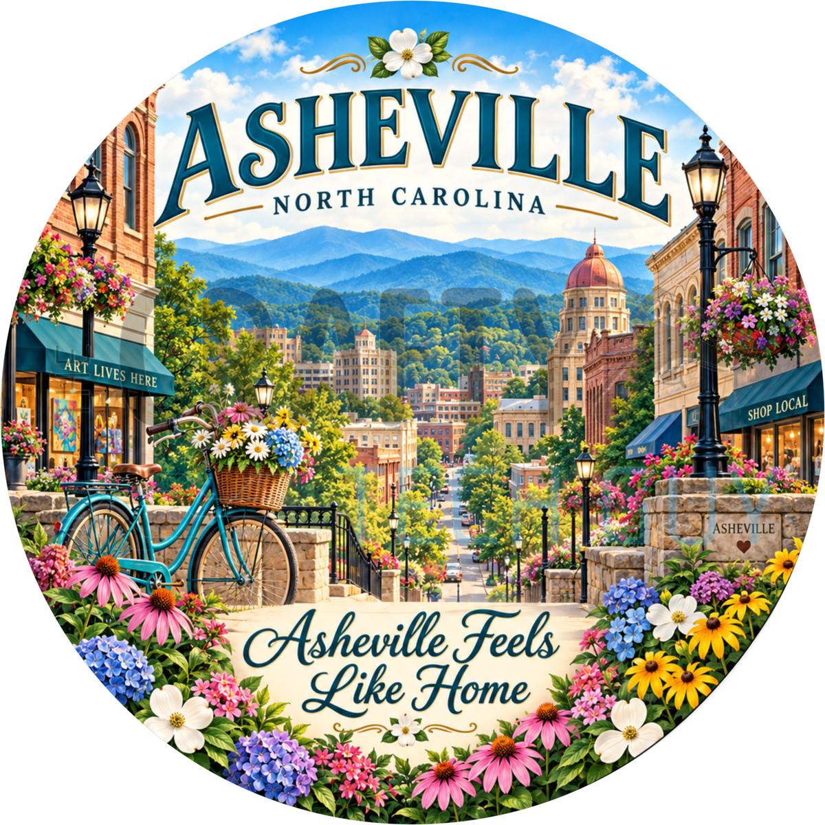 Round Asheville North Carolina wreath sign with a downtown street, mountains, a teal bicycle and wildflowers reading Asheville Feels Like Home