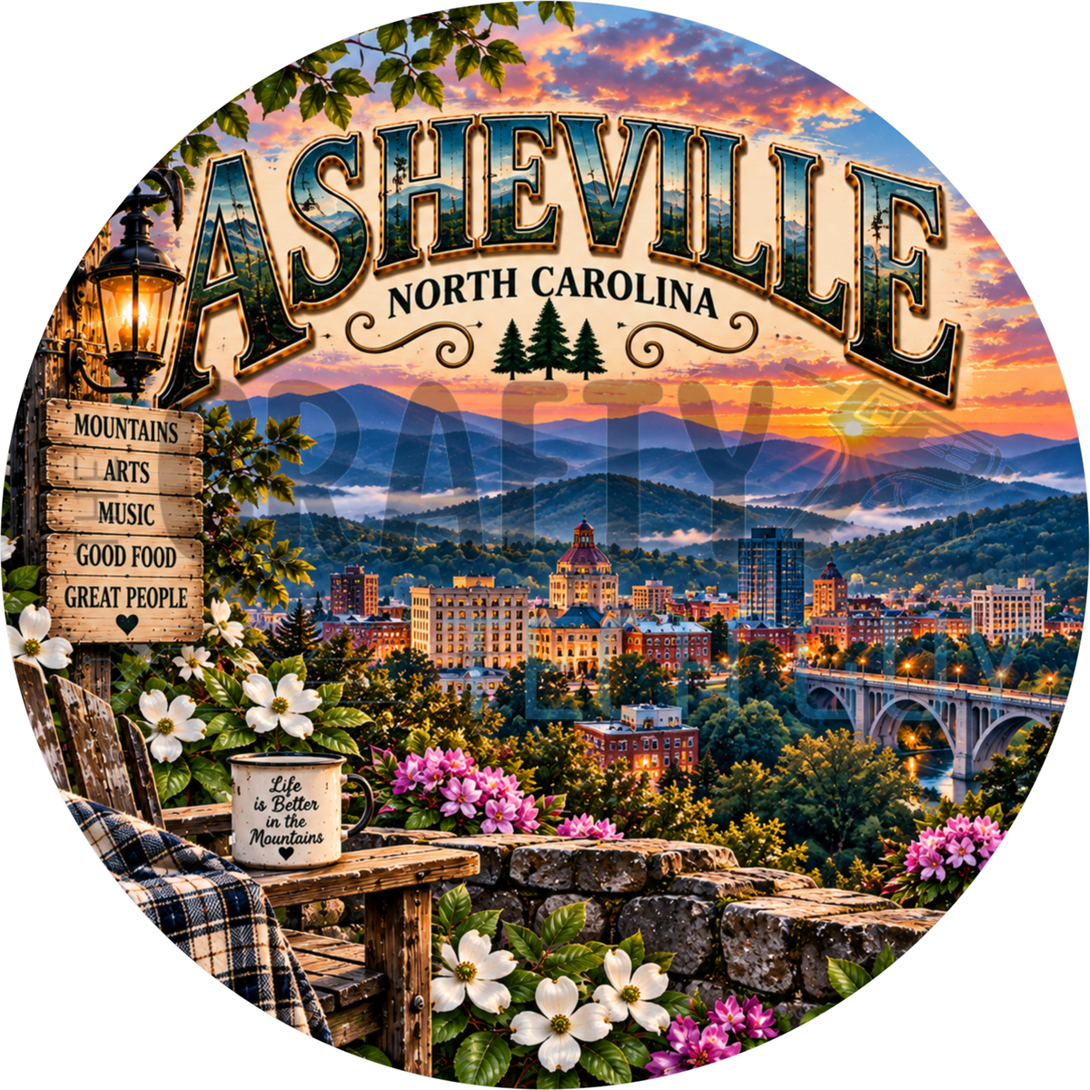 Asheville North Carolina round wreath sign with a stone overlook, bench and lantern above the lit skyline and layered Blue Ridge mountains at sunset