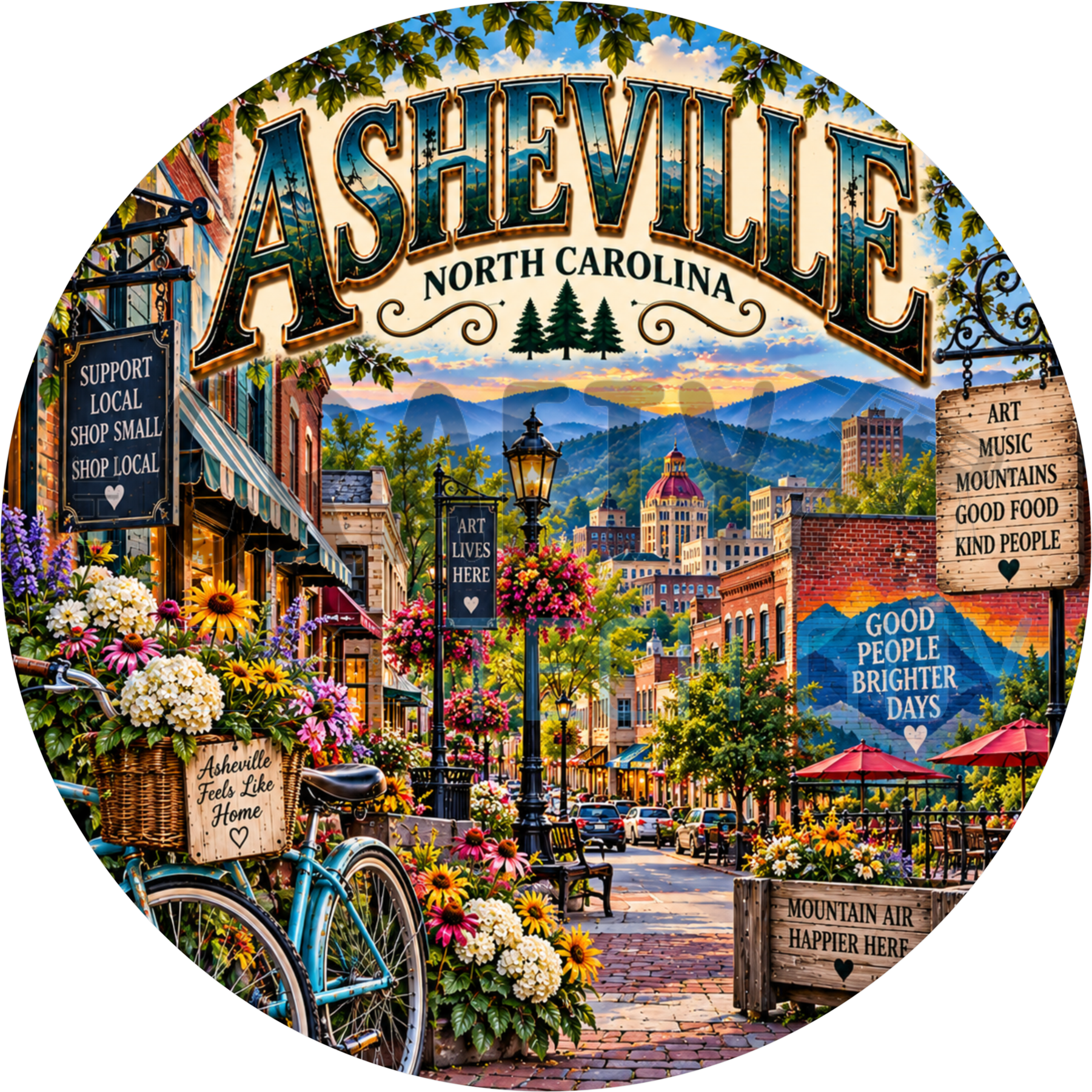 Asheville North Carolina round wreath sign with a sunlit brick downtown street, teal bicycle, mountain mural and blue ridges