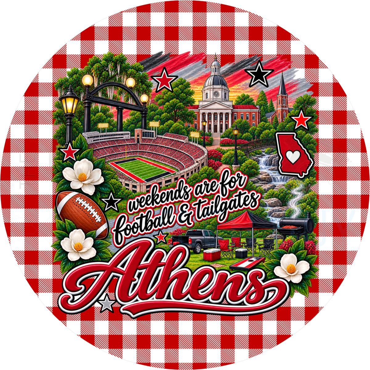 Athens football tailgate round wreath sign with red gingham border, campus arch, chapel, stadium, Georgia state outline and magnolias