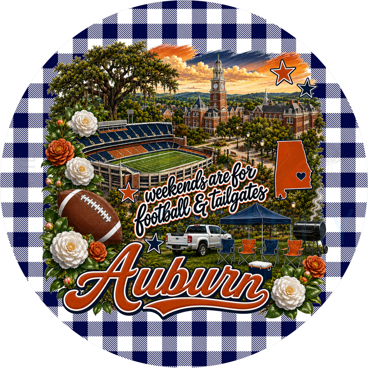 Auburn football tailgate round wreath sign with navy gingham border, live oaks, brick clock tower, stadium, Alabama state outline and camellias