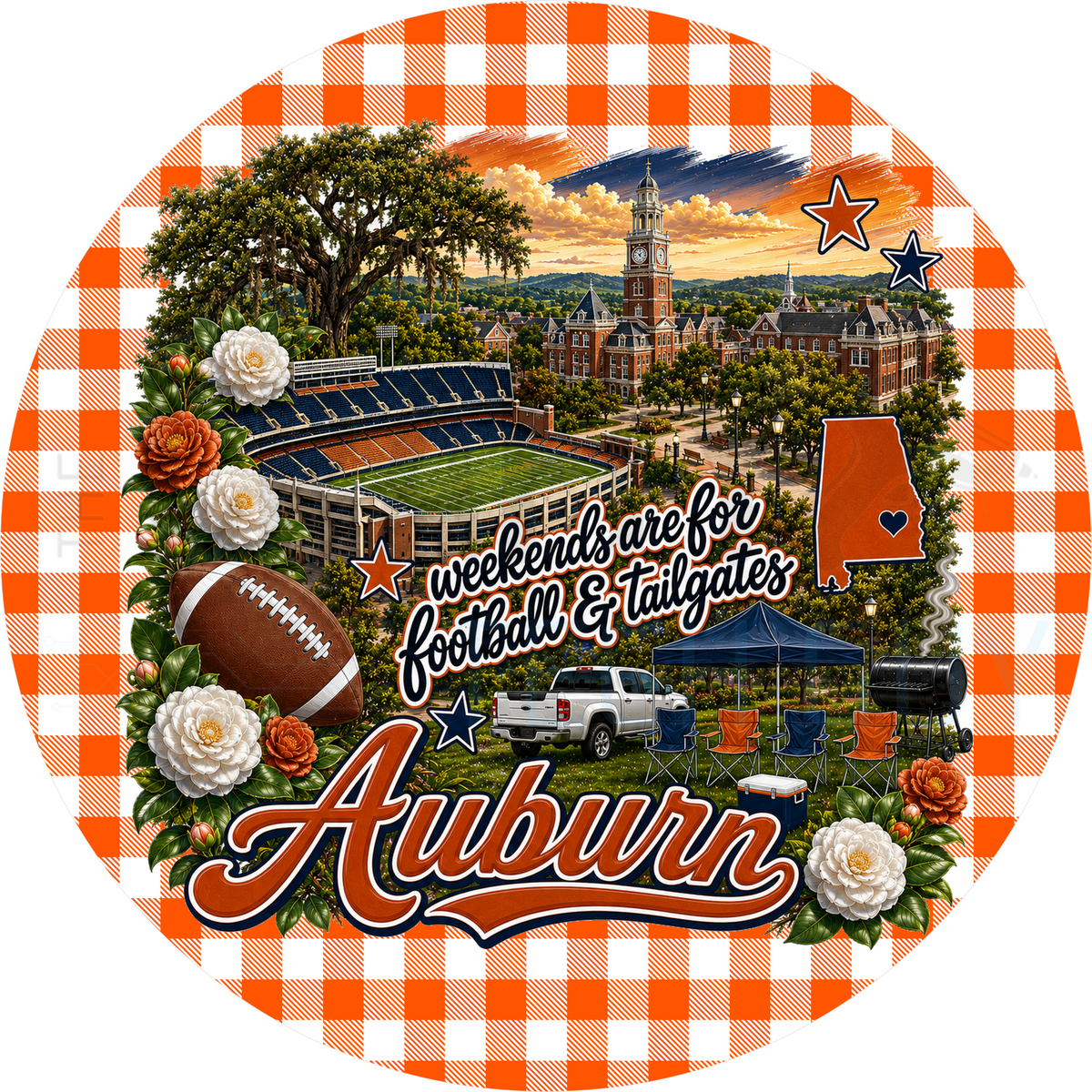 Auburn football tailgate round wreath sign with orange gingham border, live oaks, brick clock tower, stadium, Alabama state outline and camellias