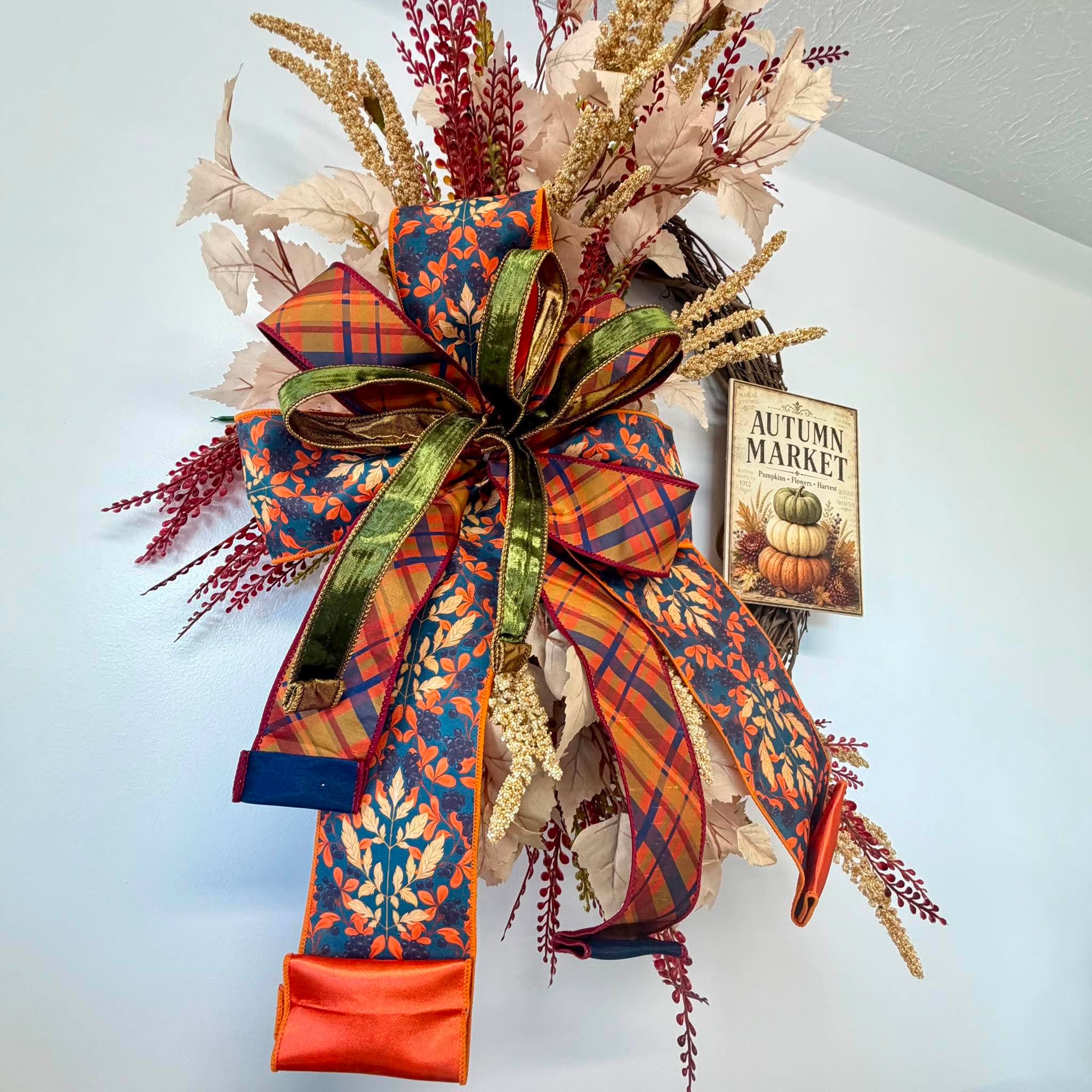 Autumn Market pumpkin sign fall grapevine wreath hanging as front door decor