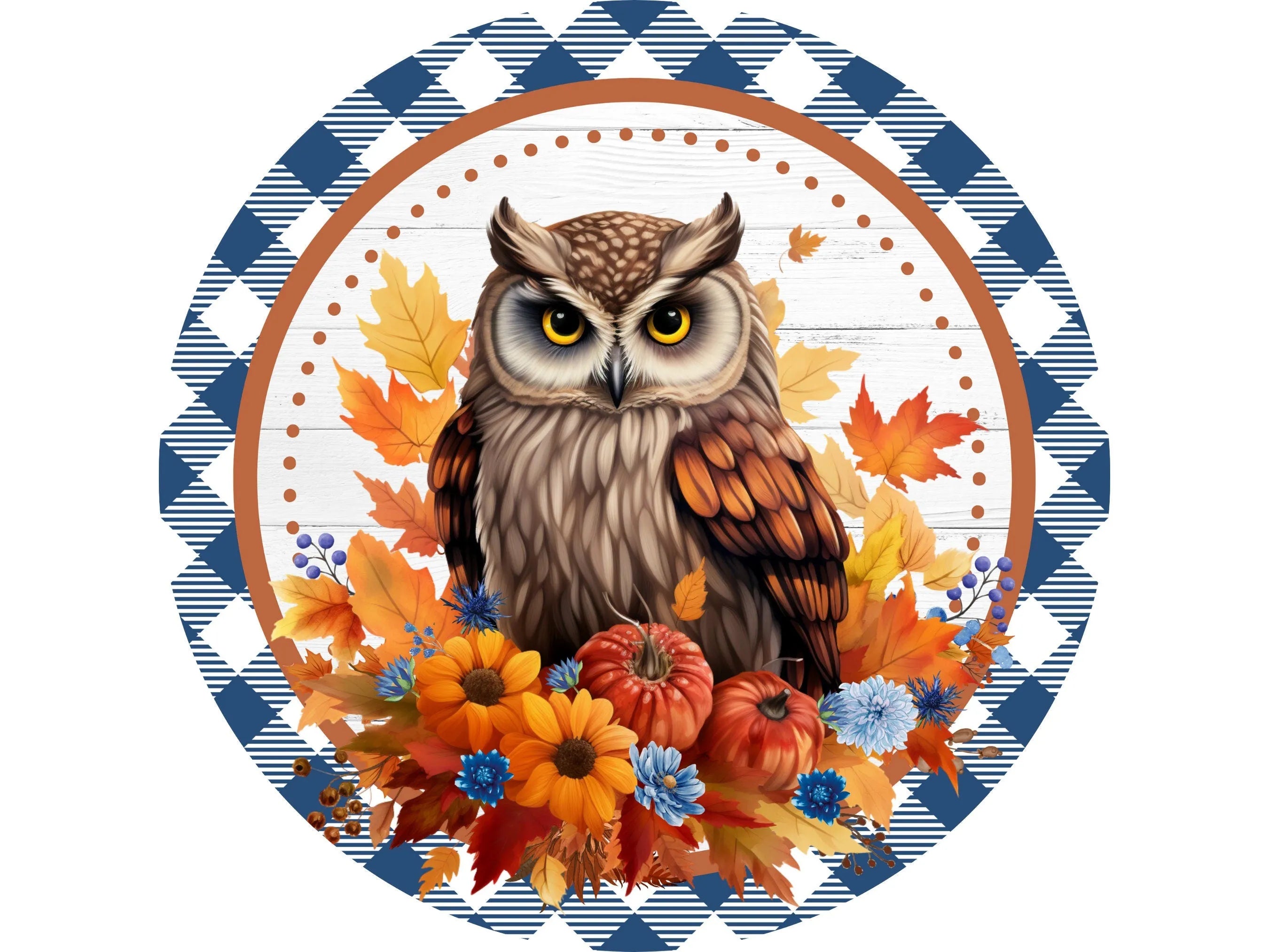Autumn Owl and Pumpkin Sign, Metal Rustic Fall Decor, Blue Argyle Border Farmhouse Wall Hanging