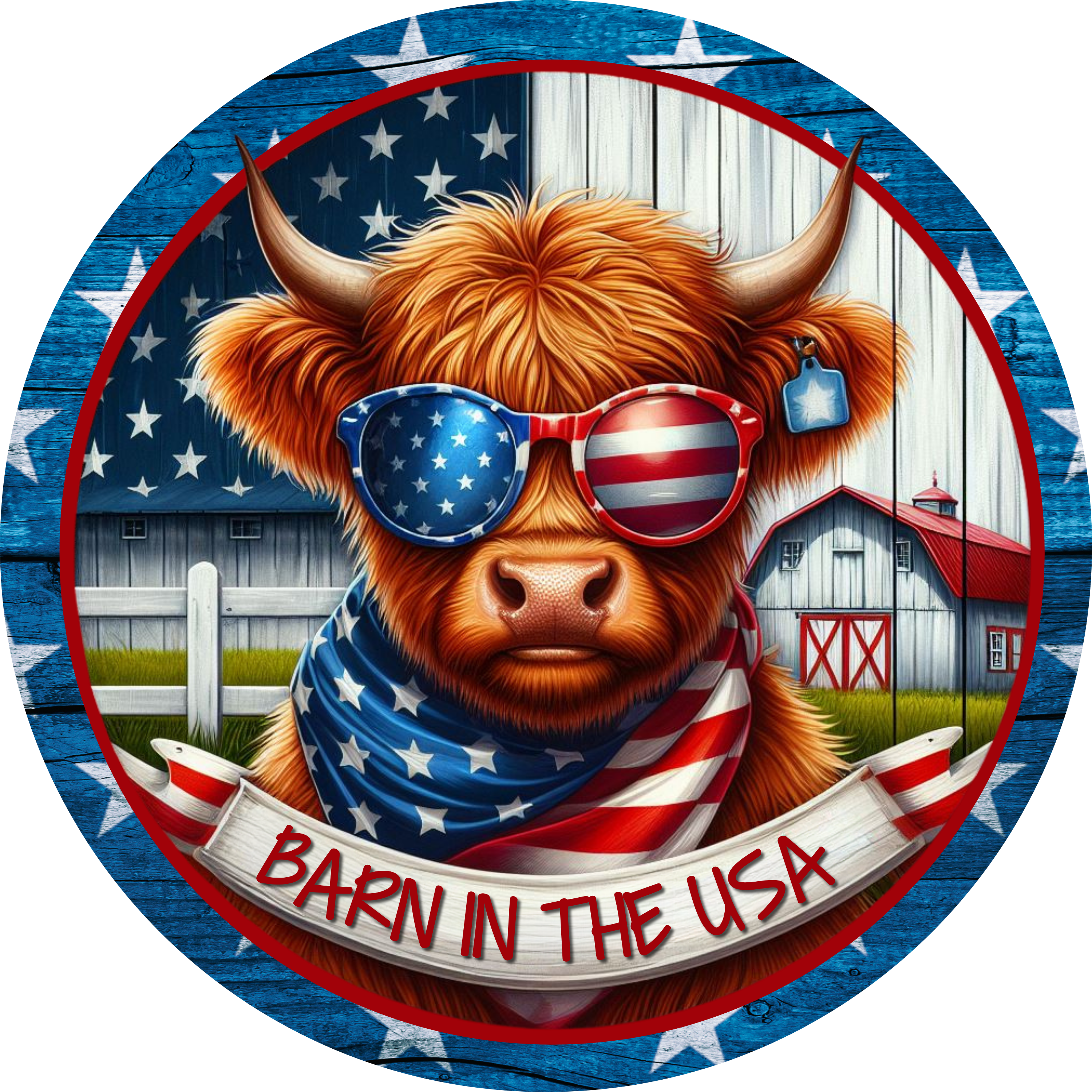 Barn in the USA Highland Cow Metal Sign, Patriotic Farmhouse Wreath Insert, July 4th Wreath Sign, Americana Decor for Crafters