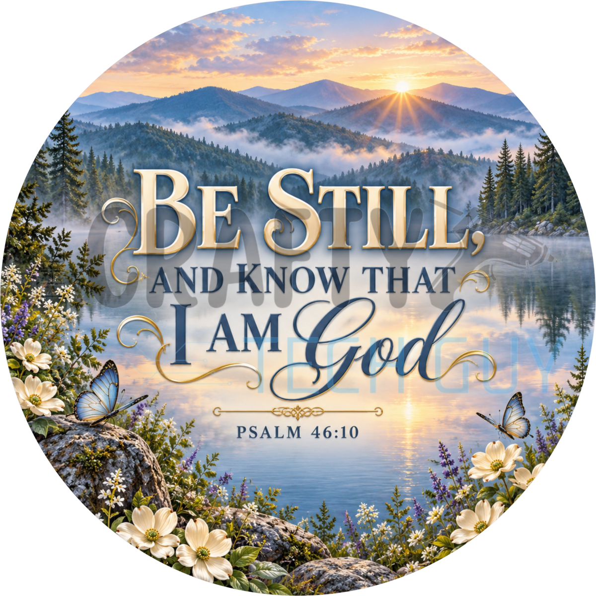 Be Still And Know That I Am God Psalm 46:10 round wreath sign with a misty mountain lake, sunbeams, lupine and butterflies