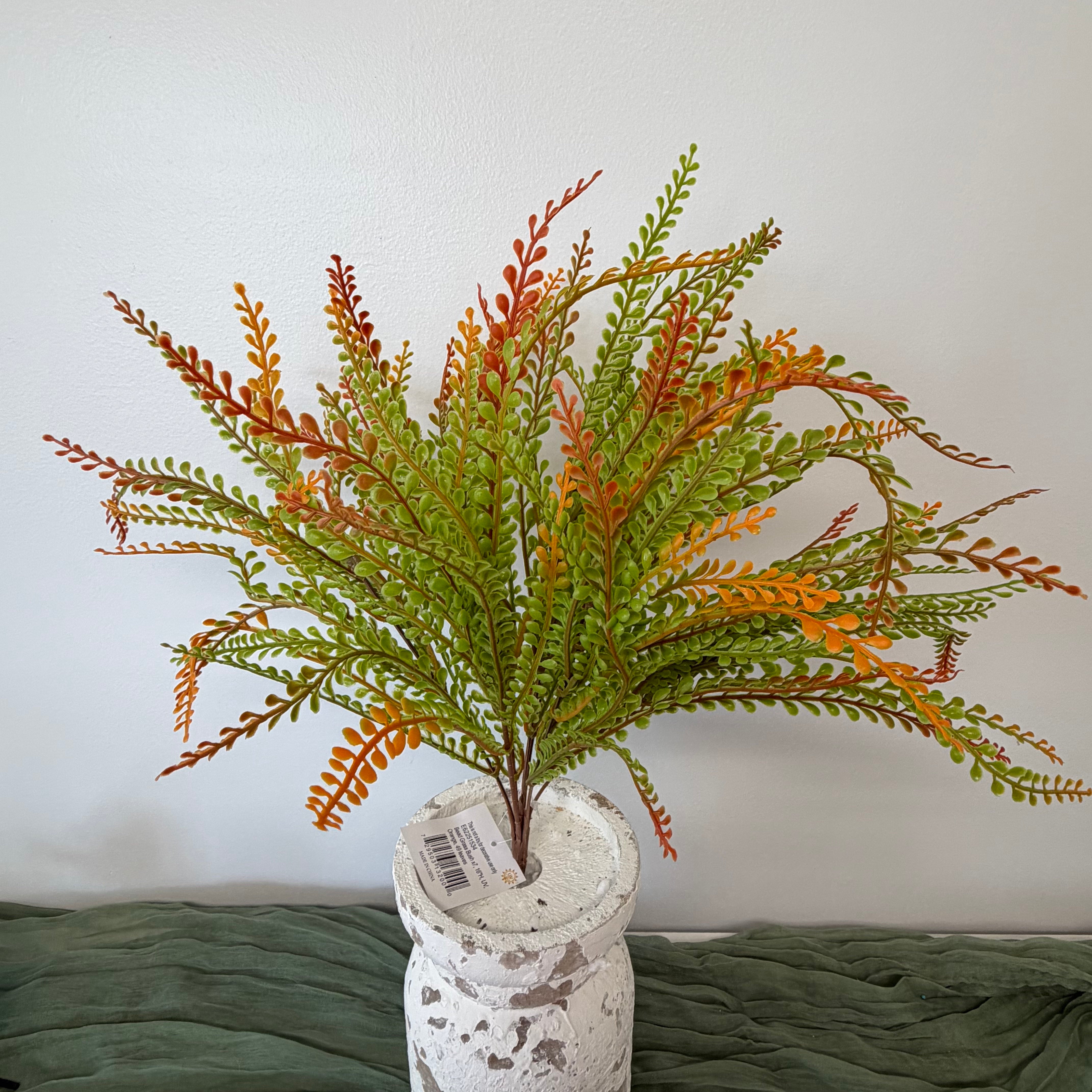UV rated bead grass bush with 9 stems in green and orange fall tones, 16 inches tall with pusher-style adjustable stems