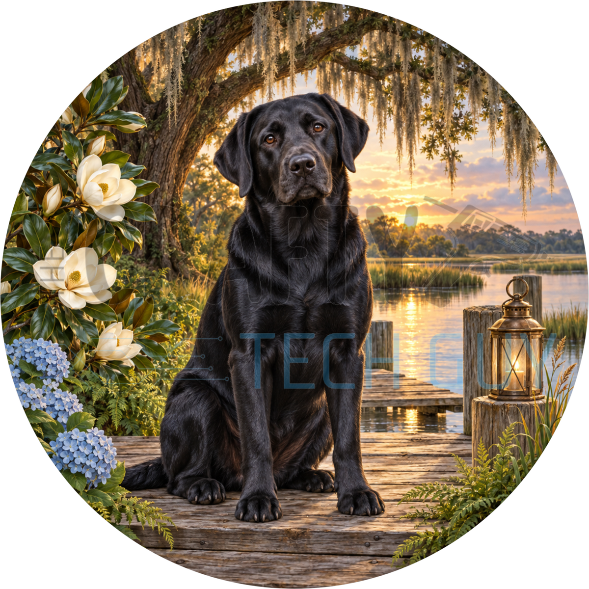 Black Labrador round wreath sign on a weathered dock under a Spanish moss live oak with magnolias, hydrangeas and a lantern at sunset