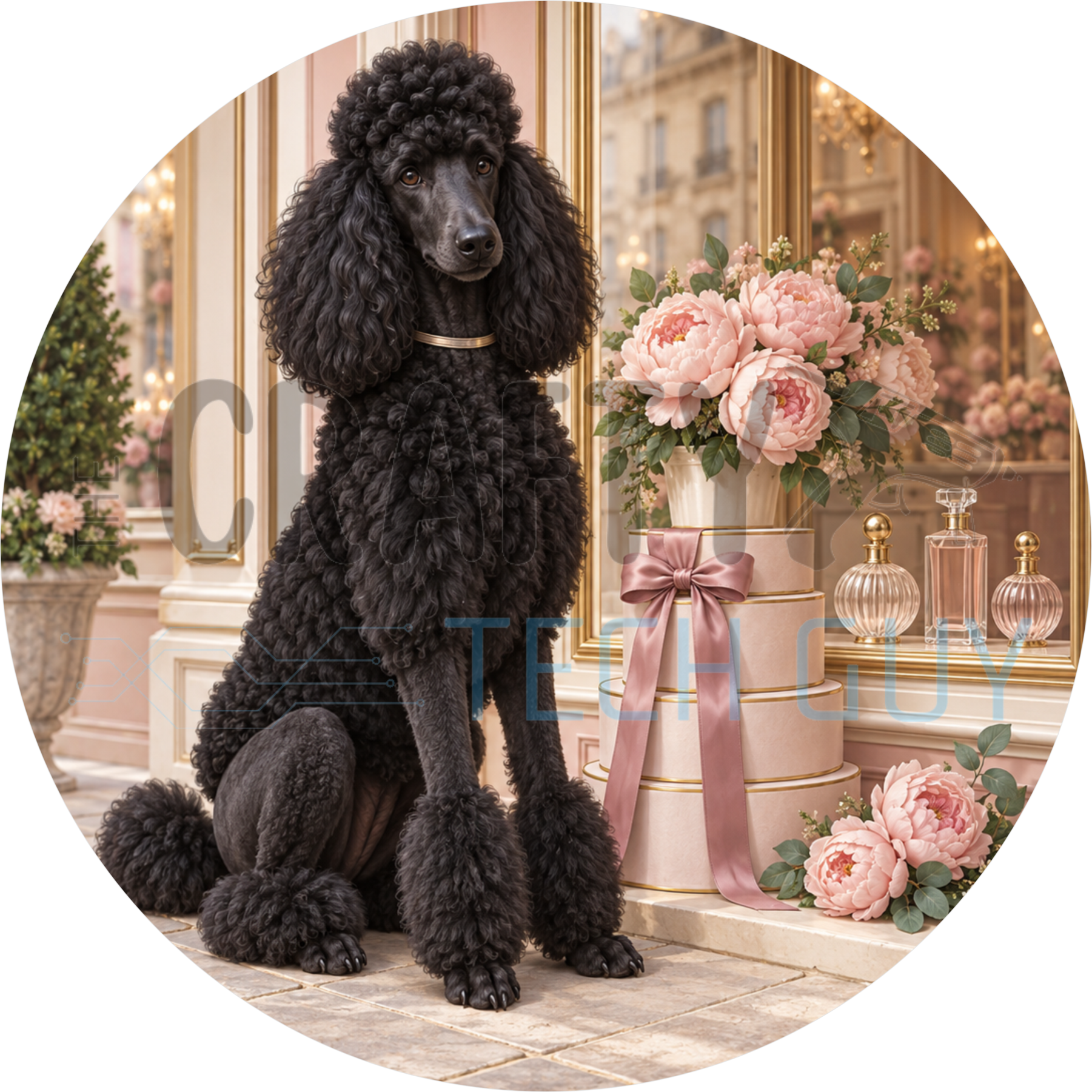Black standard poodle round wreath sign outside a pink Paris boutique with peonies, hatboxes and cut-glass perfume bottles