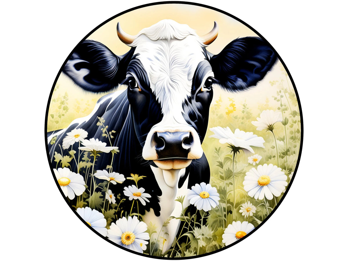 black and white cow with flowers in a field metal wreath sign, cow and