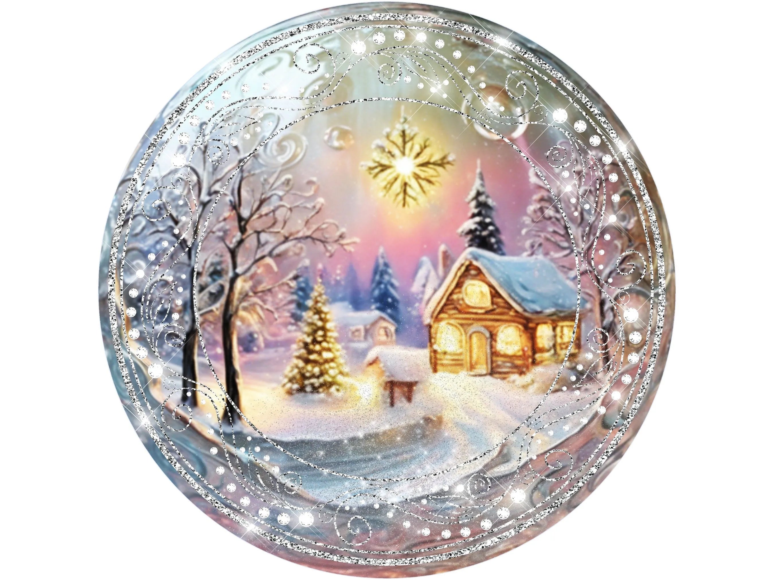 Letrero de corona con escena de invierno nevada de cabaña con brillo brillante en blanco, letrero de escena de invierno nevada de cabaña para Navidad, letrero para diciembre