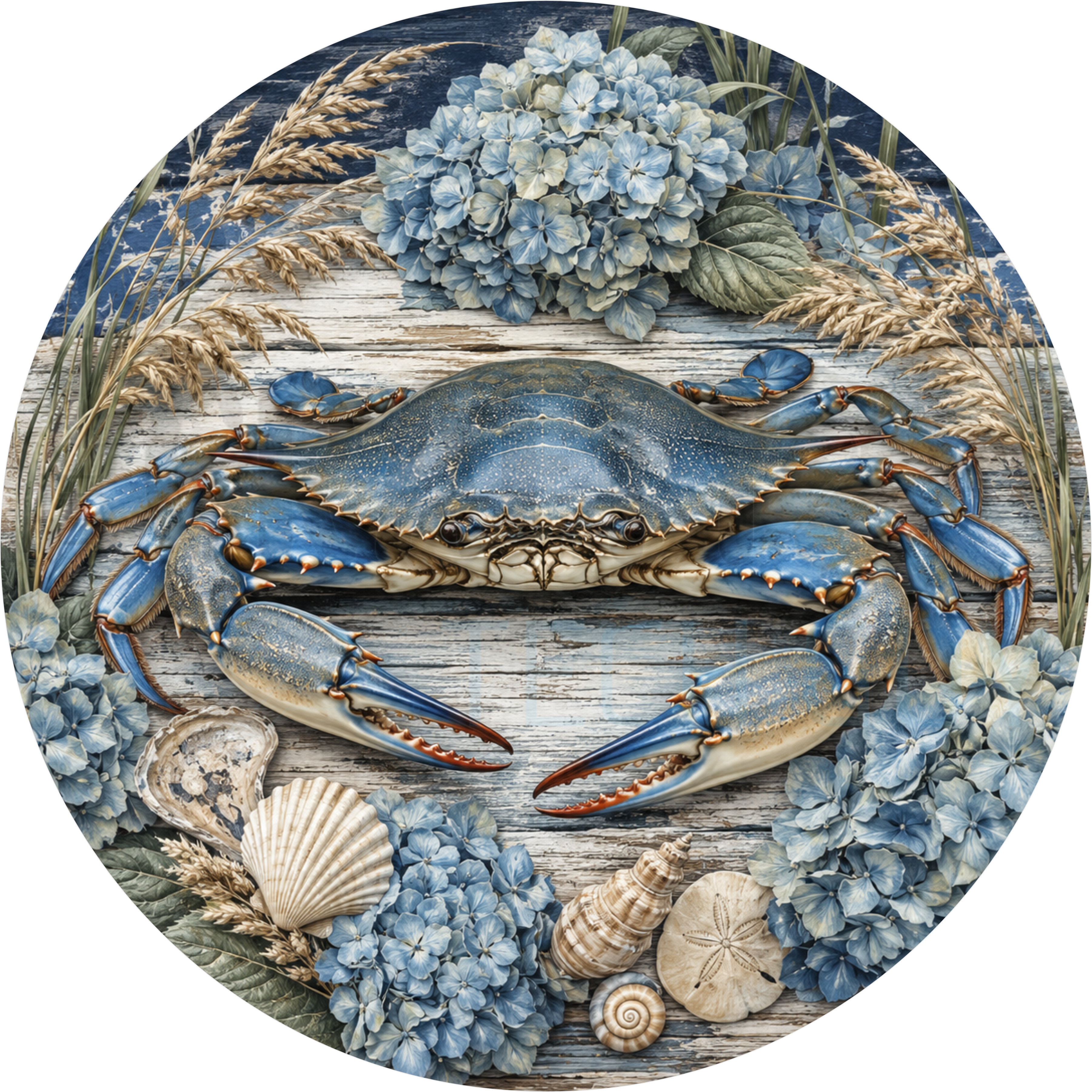 Blue crab round wreath sign on whitewashed wood with blue hydrangea, sea oats, oyster and scallop shells and a sand dollar