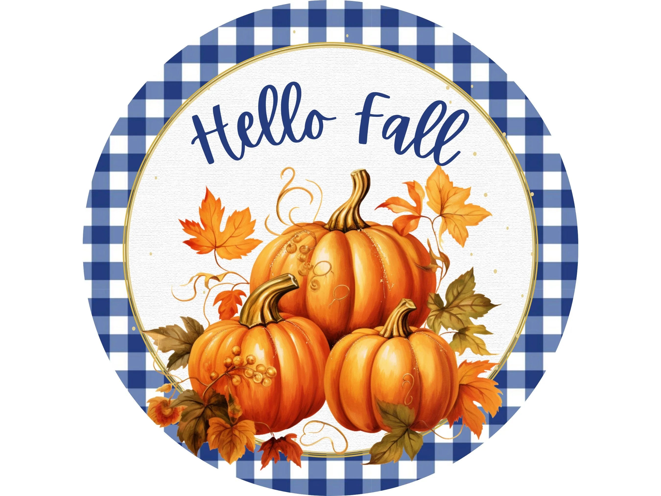 Letrero de calabaza de otoño con cuadros de búfalo azul, decoración rústica de granja, corona otoñal, decoración de calabaza otoñal para el hogar.