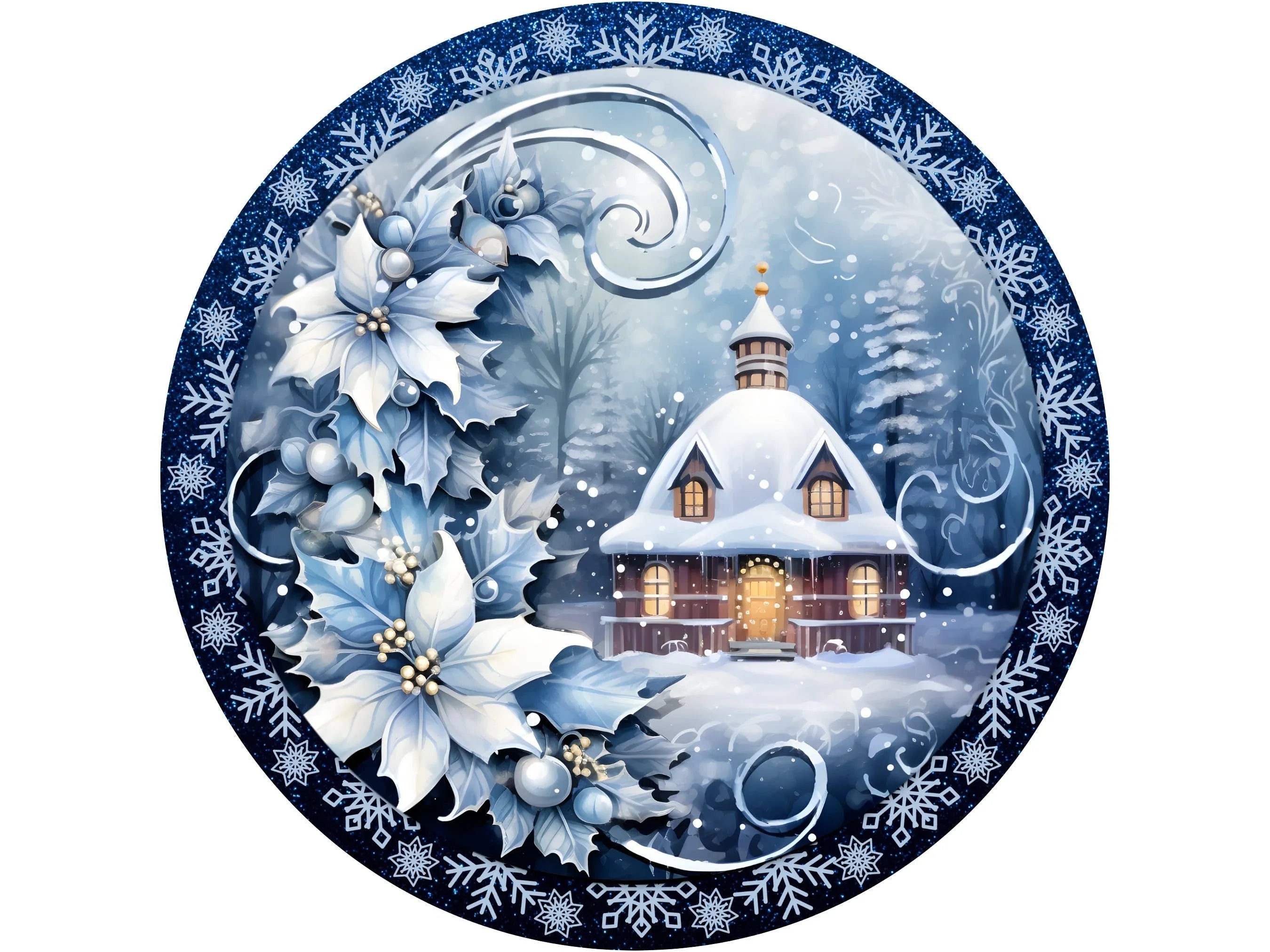 blue rustic floral cottage snow winter scene wreath sign, cottage snow scene sign for Christmas, sign for December