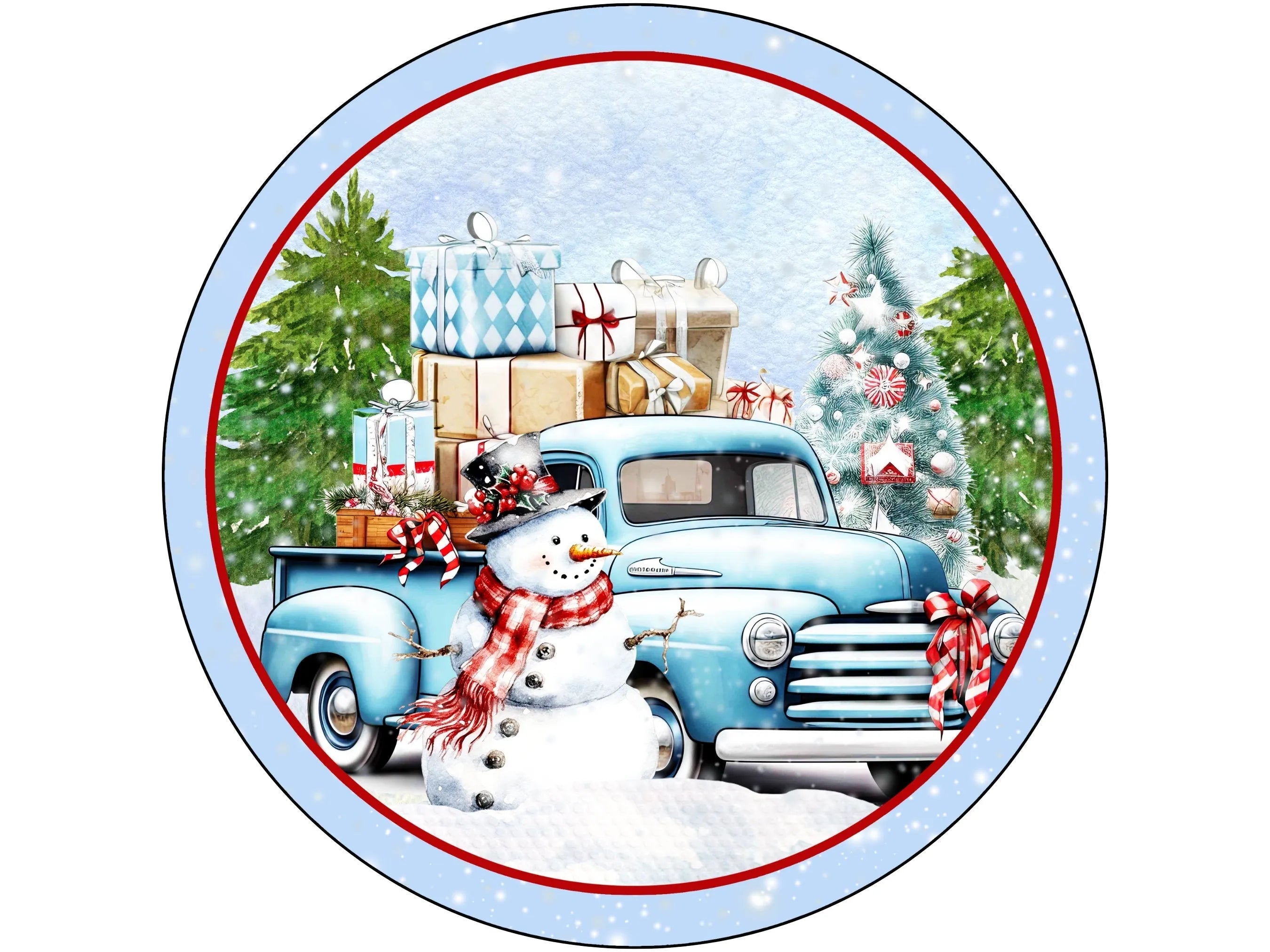 blue vintage truck Christmas presents snowman wreath sign, sign for December, Sign for Christmas, sign for winter