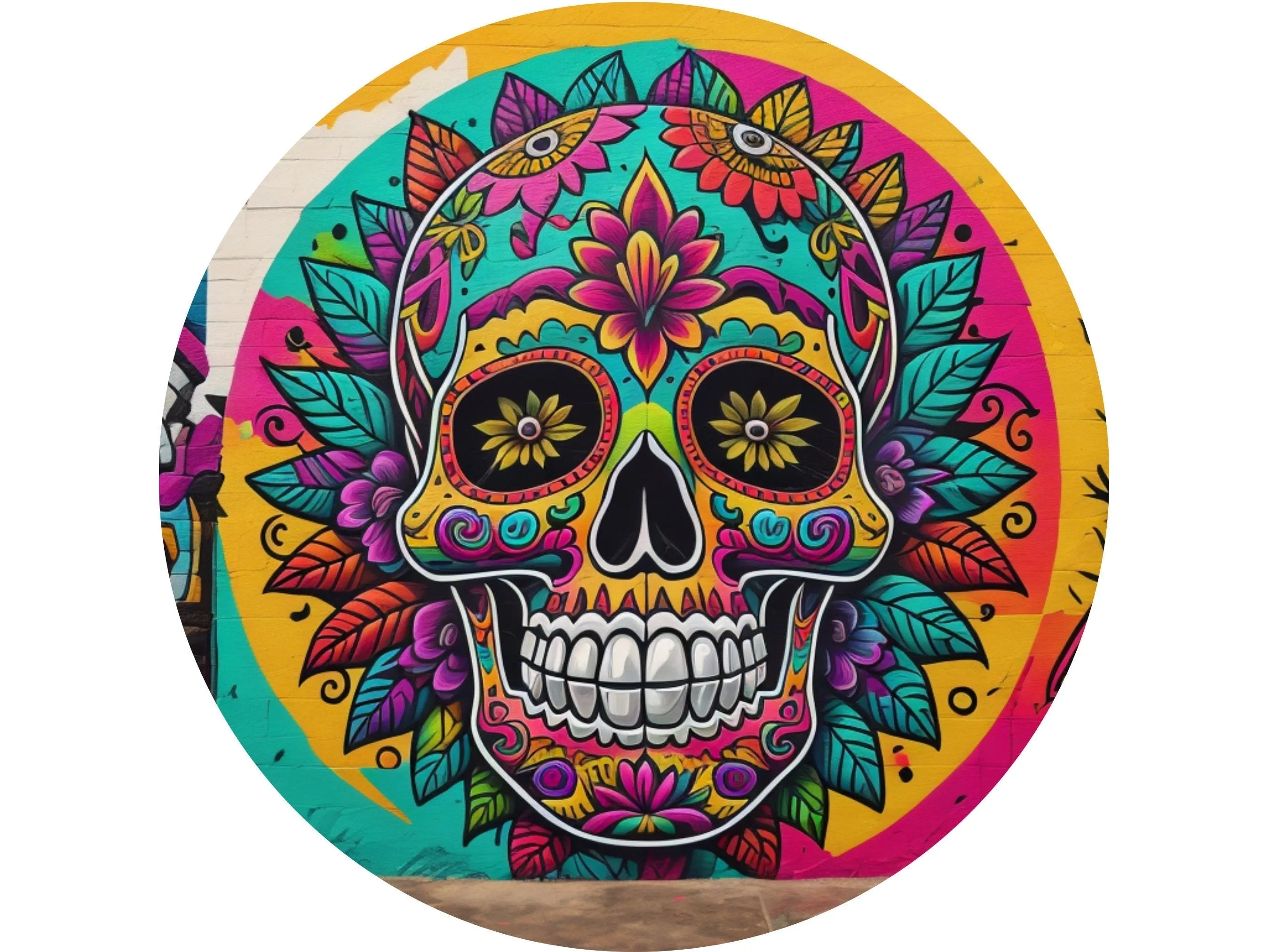 bright colorful graffiti style Day of the Dead wreath sign, Día de los Muertos sign, sign for Halloween