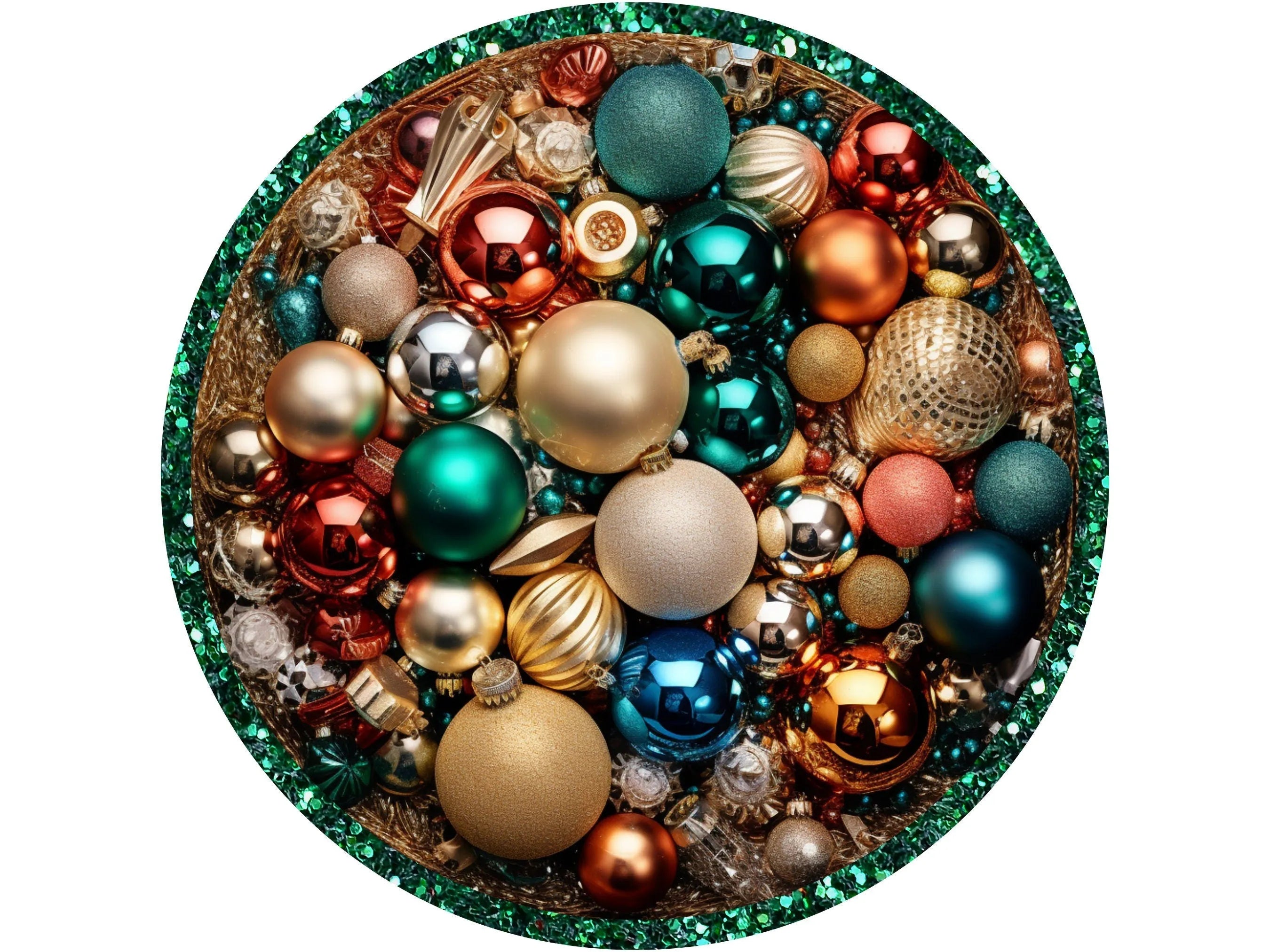 Adorno navideño con purpurina brillante y borde verde, letrero de corona, letrero de adorno de bola navideña para Navidad, letrero para diciembre