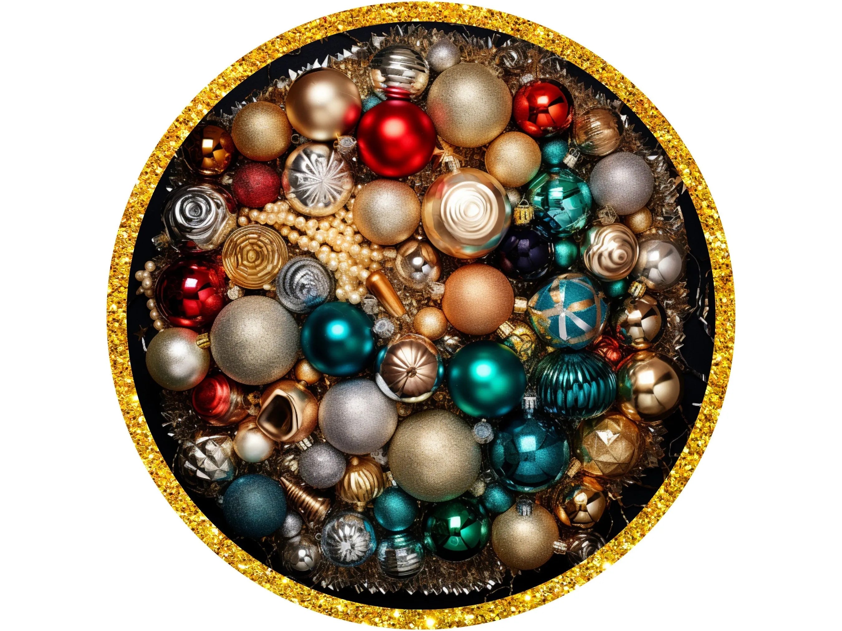 Adorno navideño con purpurina brillante y borde dorado, letrero de corona, letrero de adorno de bola navideña para Navidad, letrero para diciembre