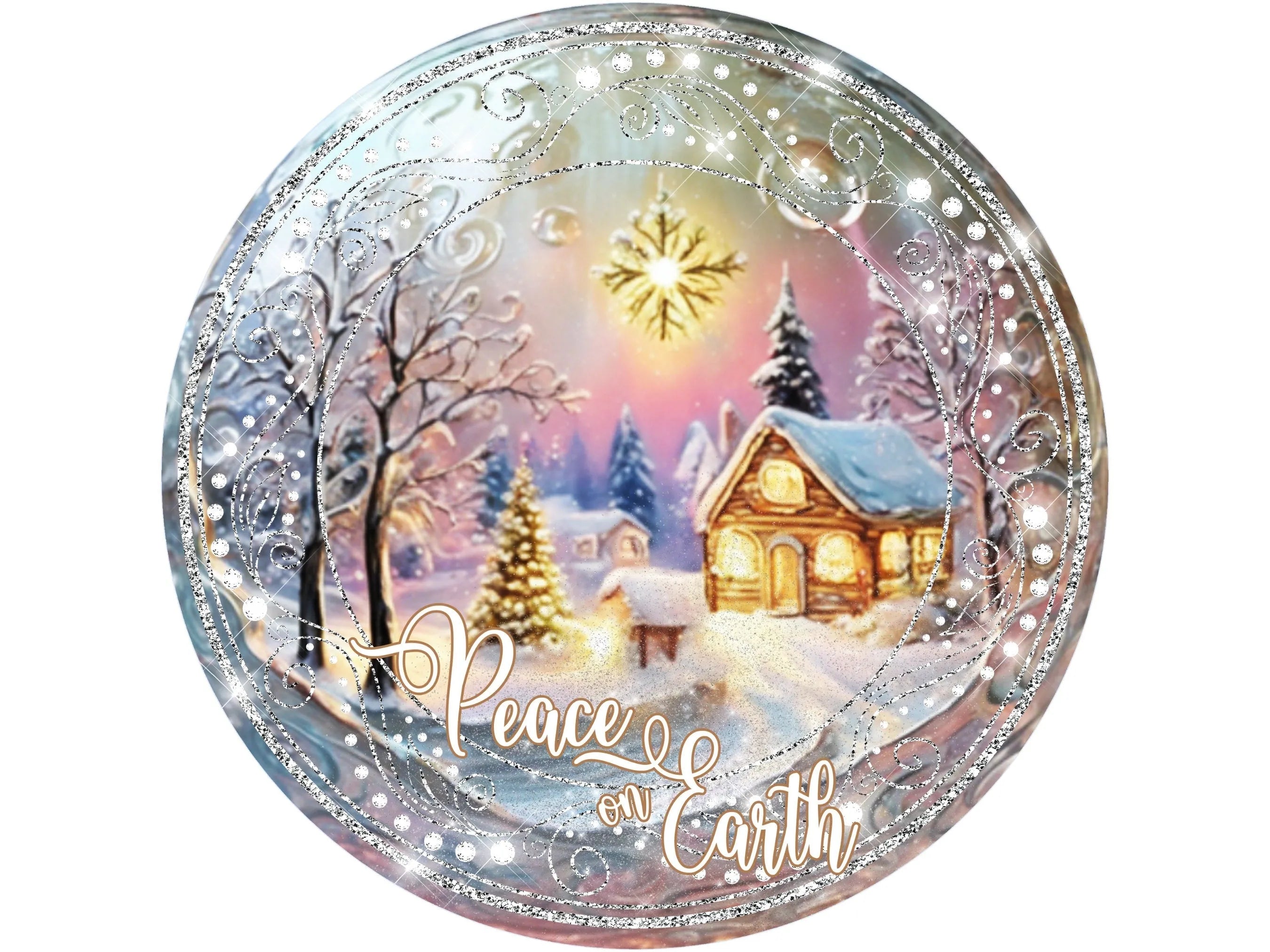 bright glitter cottage snow winter scene wreath sign, cottage snow scene sign for Christmas, sign for December