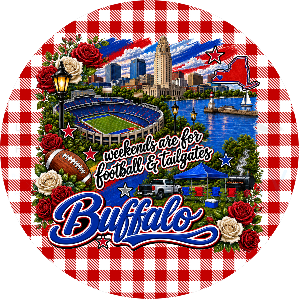 Buffalo football tailgate round wreath sign with red gingham border, City Hall, harbor lighthouse, stadium, New York state outline and red roses
