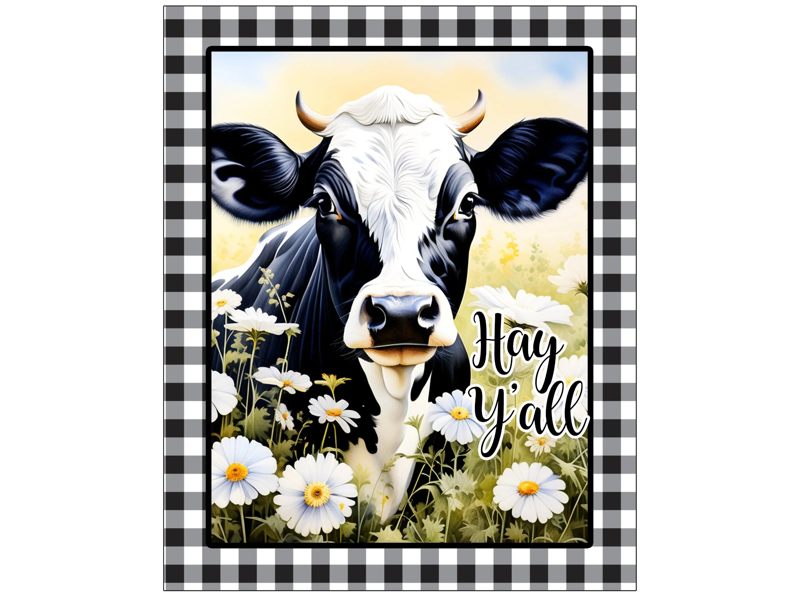 buffalo check floral farmhouse cow metal wreath sign, black and white cow wall art, sign for Spring, sign for Summer