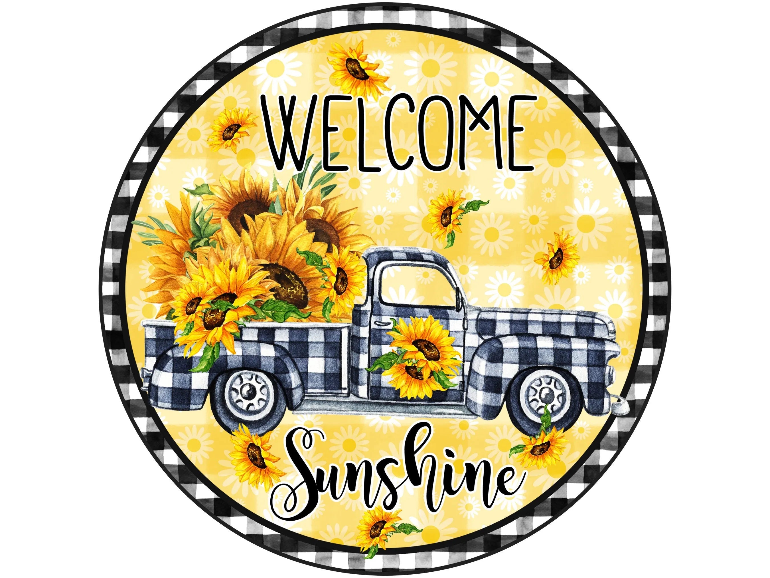 Letrero de corona con diseño de camión vintage con cuadros de búfalo y girasoles, accesorio de corona rústica de granja para camión antiguo, decoración de cocina amarilla y blanca