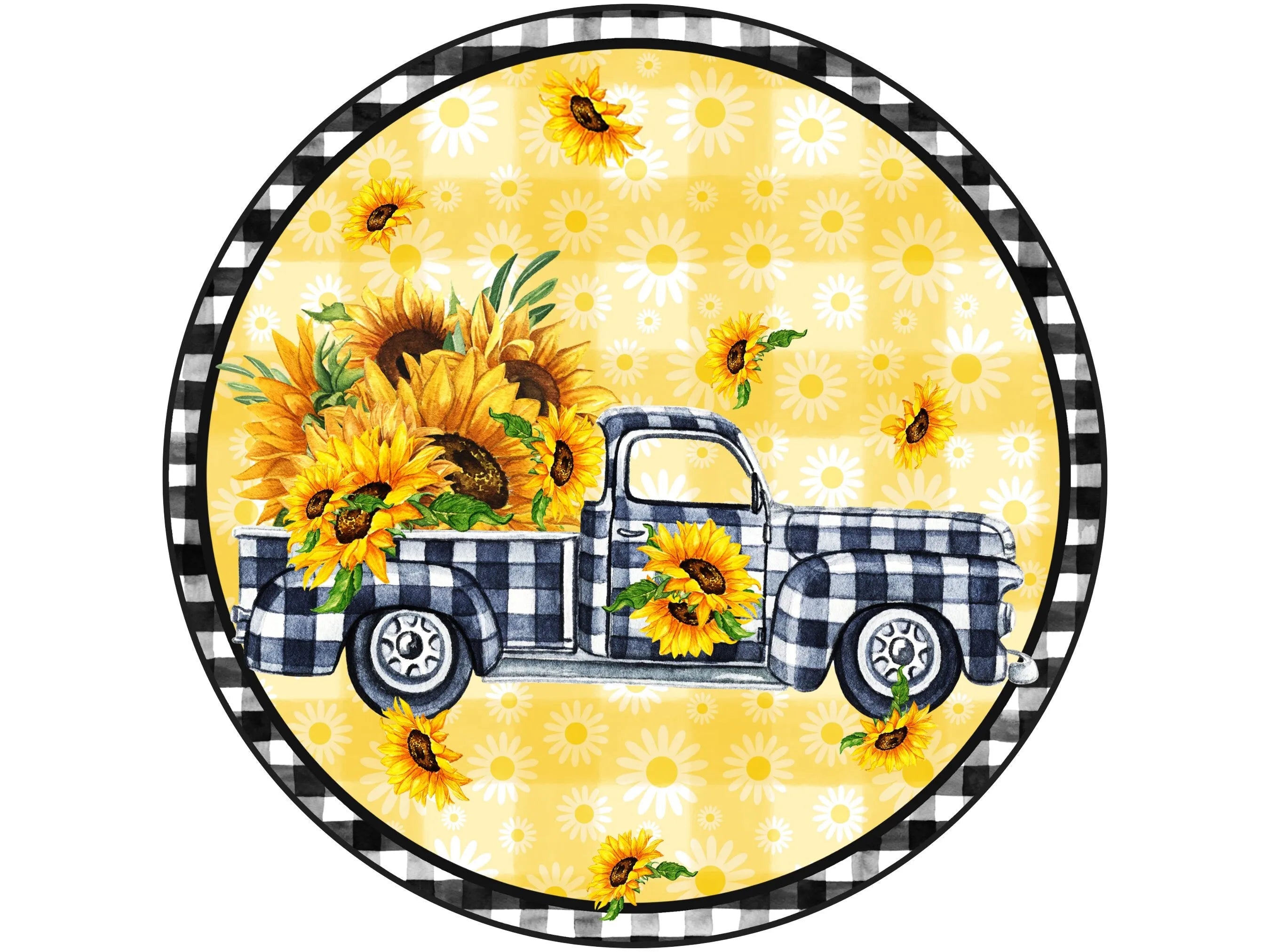 Letrero de corona con diseño de camión vintage con cuadros de búfalo y girasoles, accesorio de corona rústica de granja para camión antiguo, decoración de cocina amarilla y blanca