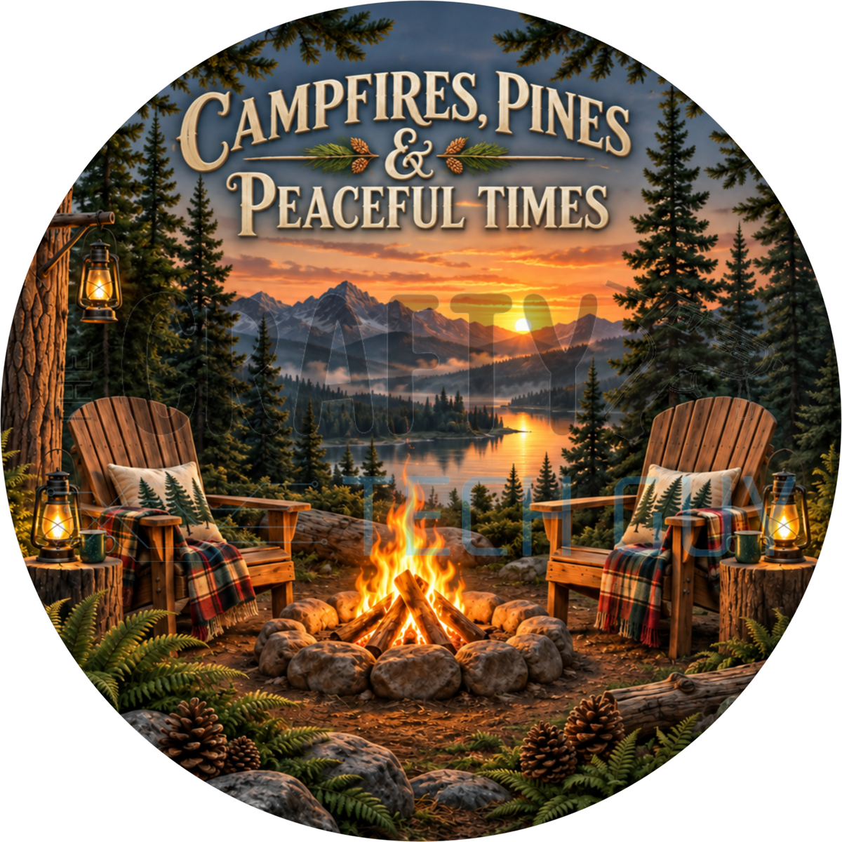 Campfires Pines And Peaceful Times round wreath sign with Adirondack chairs at a stone campfire, hanging lanterns and a mountain lake