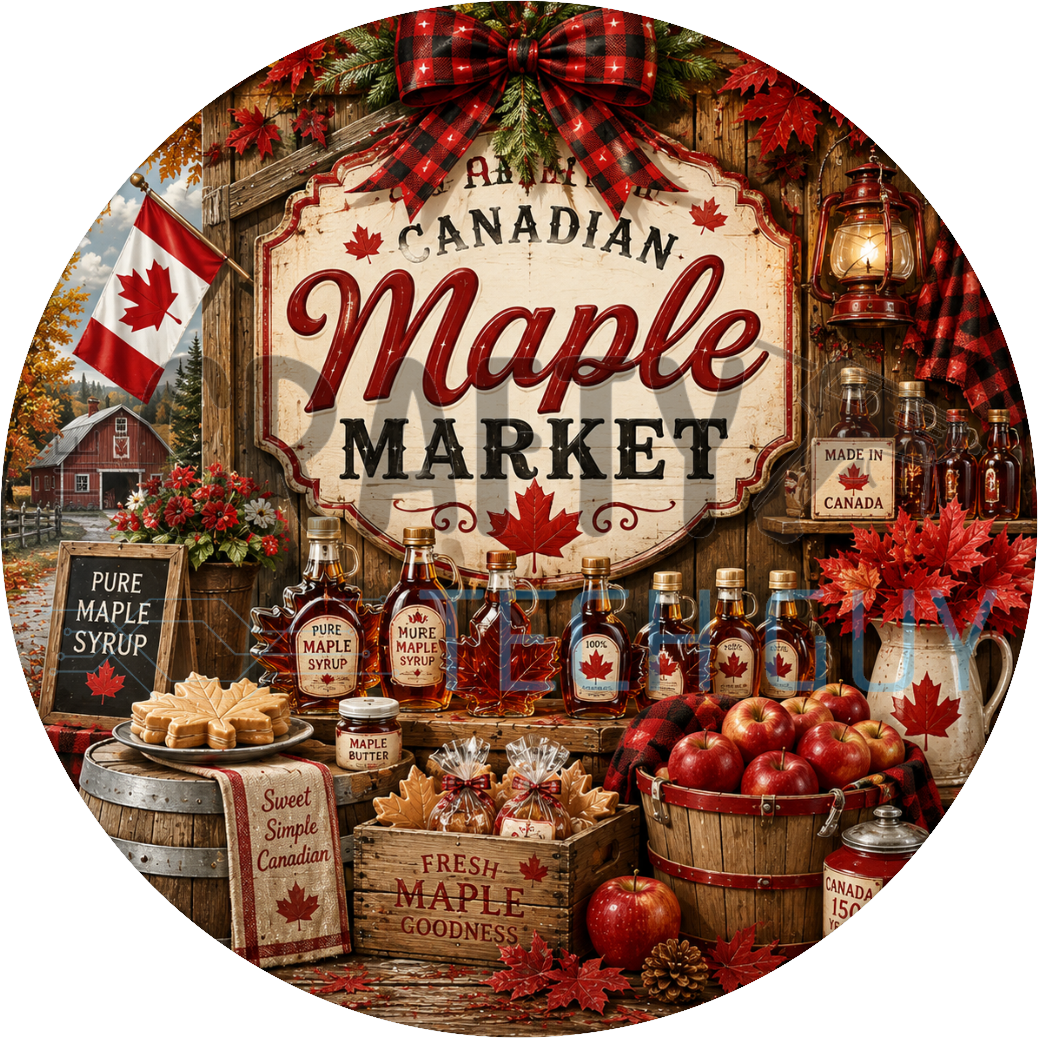 Canadian Maple Market round sign with vintage sign board, maple syrup bottles, red apples, barn, Canadian flag and buffalo plaid bow