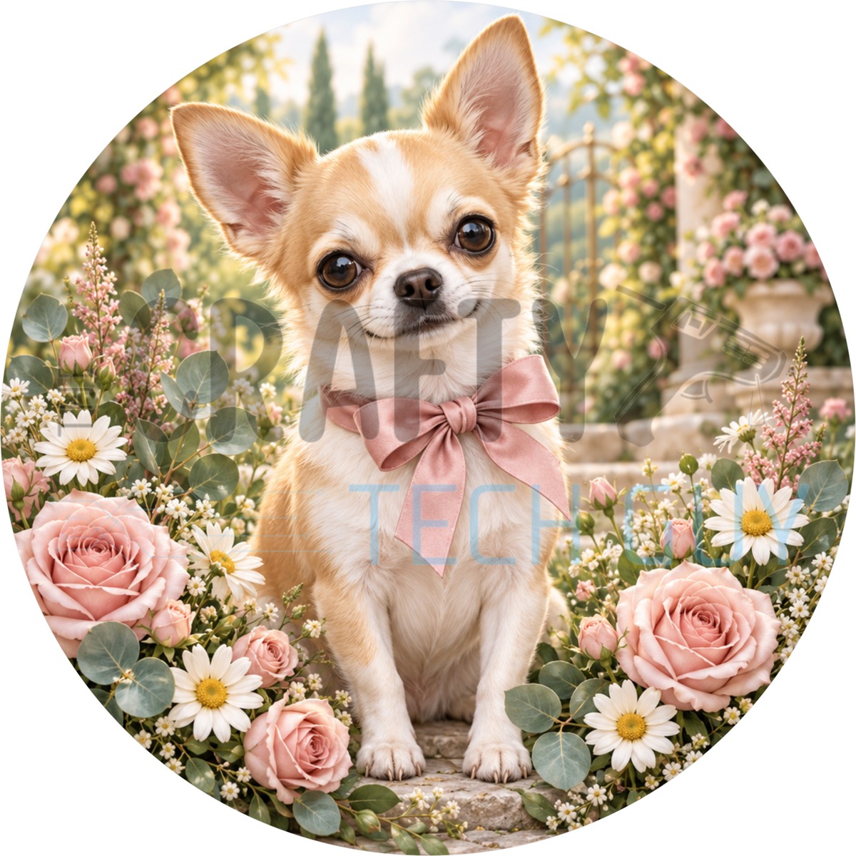 Cream chihuahua round wreath sign in a pink bow on a garden path with pale pink roses, white daisies and a rose arch