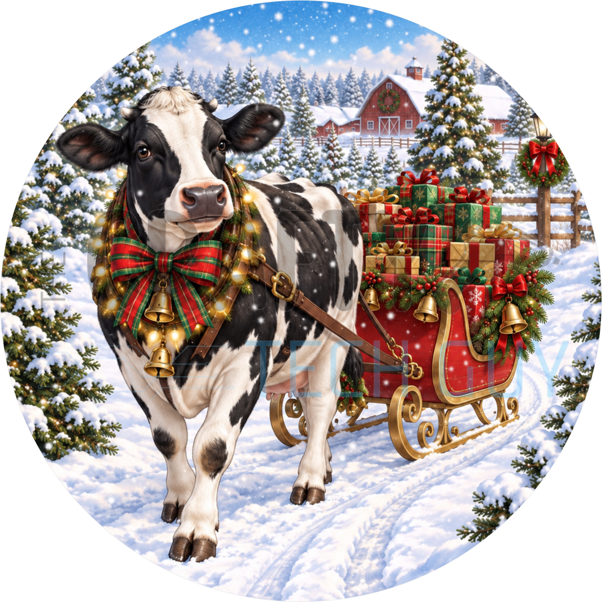 Round Christmas wreath sign of a Holstein cow with a plaid bow and bells pulling a red sleigh of presents through a snowy farm