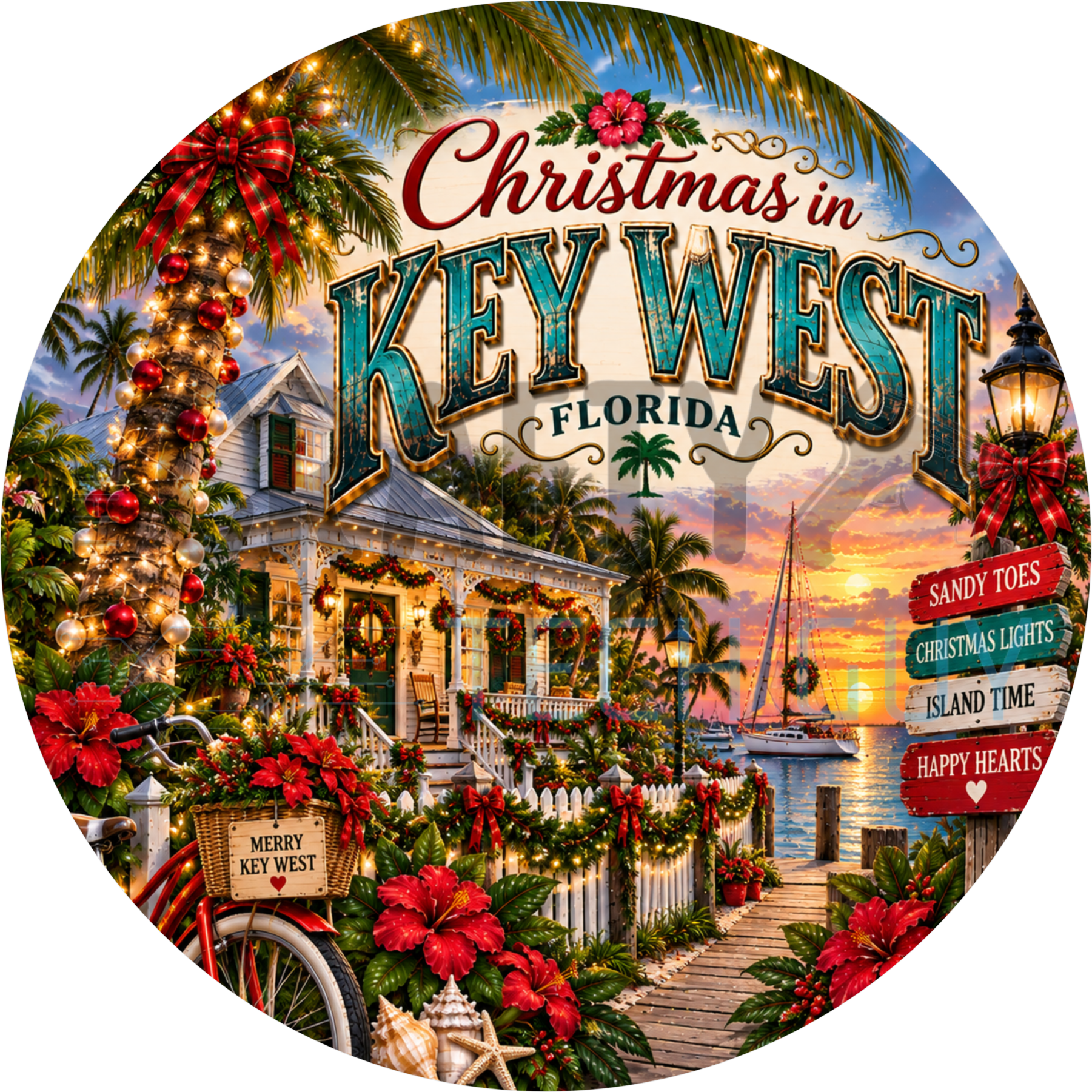 Christmas in Key West Florida round wreath sign with a wreath-hung conch house, picket fence, red bicycle, palms and a sailboat at sunset